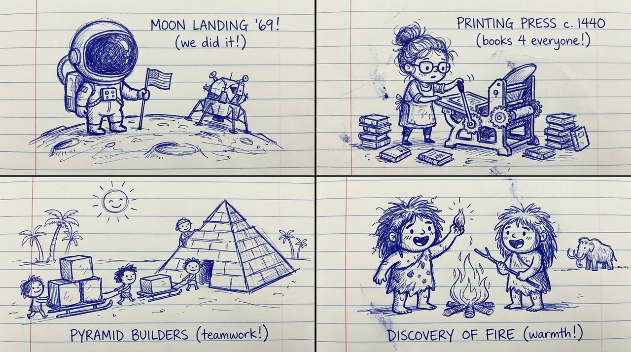 笔记本圆珠笔手绘历史瞬间涂鸦 / Notebook Ballpoint Pen Doodle Historic Scenes，海报与插画，海报、插画、海报与插画，案例输出图 1