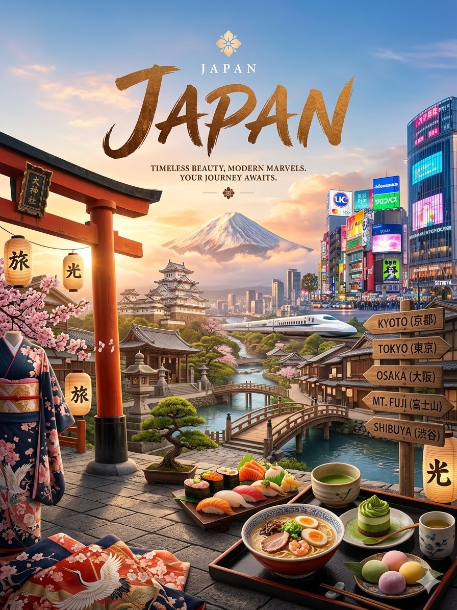 黄金时刻日本传统与现代融合旅行海报 / Traditional Futuristic Japan Travel Poster，人像与摄影，霓虹、人像、电影感，案例输出图 1
