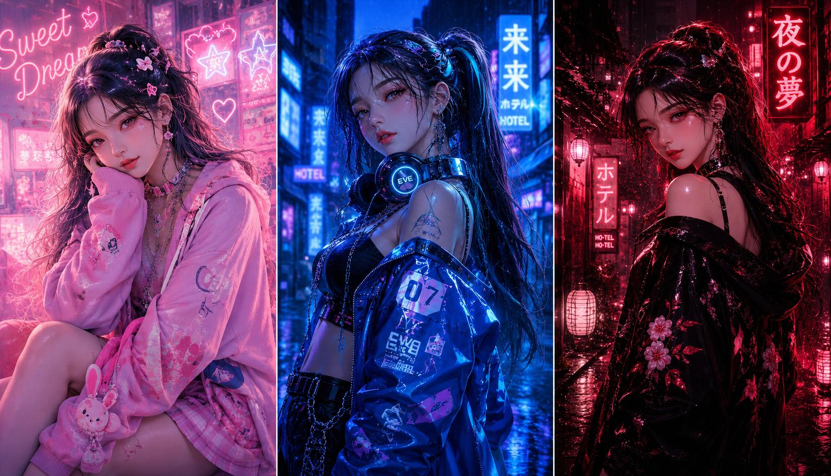 三联屏霓虹Kpop时尚动漫少女 / Three Panel Kpop Anime Fashion Collage，角色设计，霓虹、电影感、时尚，案例输出图 1