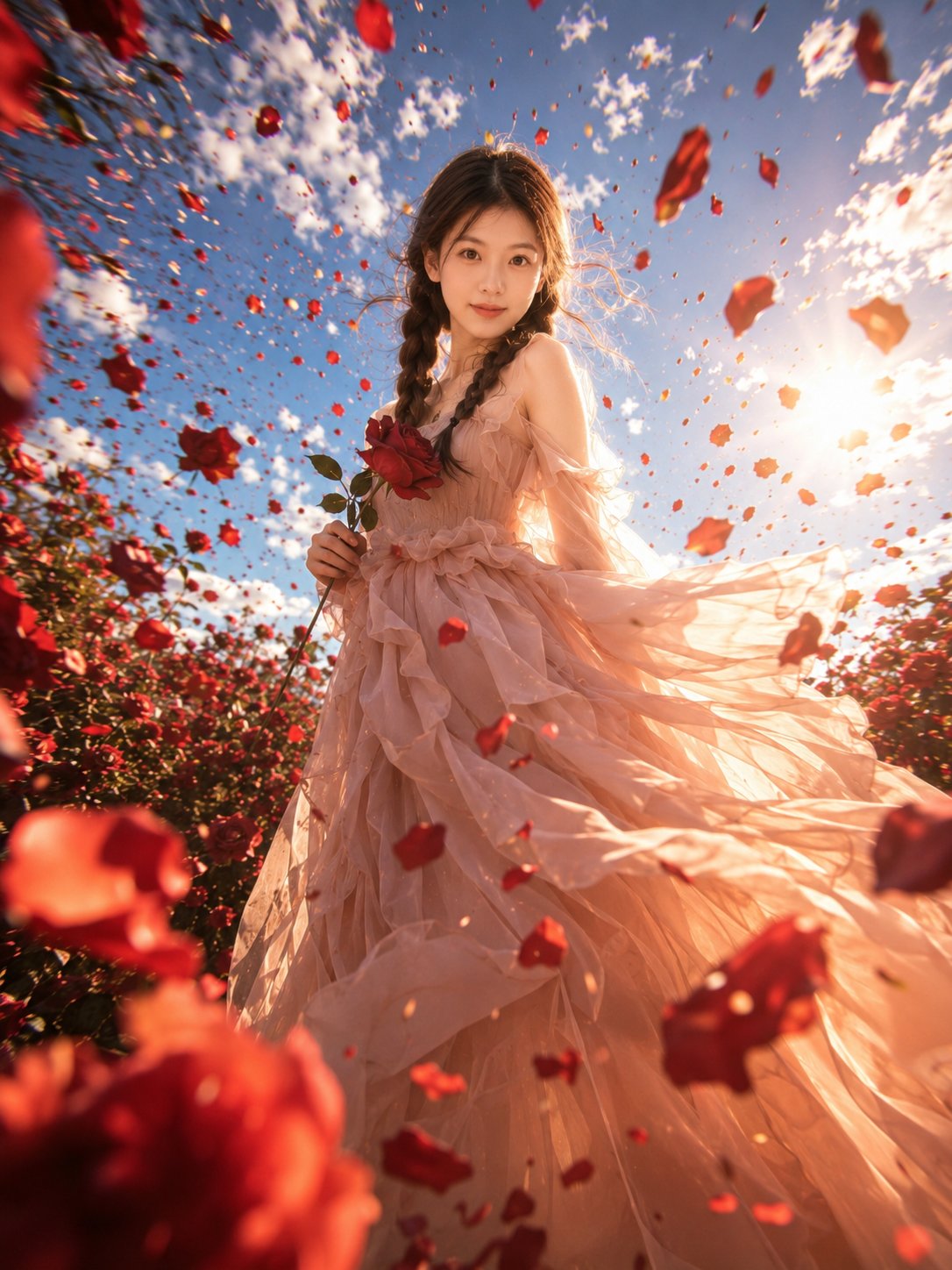 风中玫瑰庄园写实电影感人像 / Realistic Rose Garden Cinematic Portrait，角色设计，人像、电影感、时尚，案例输出图 1