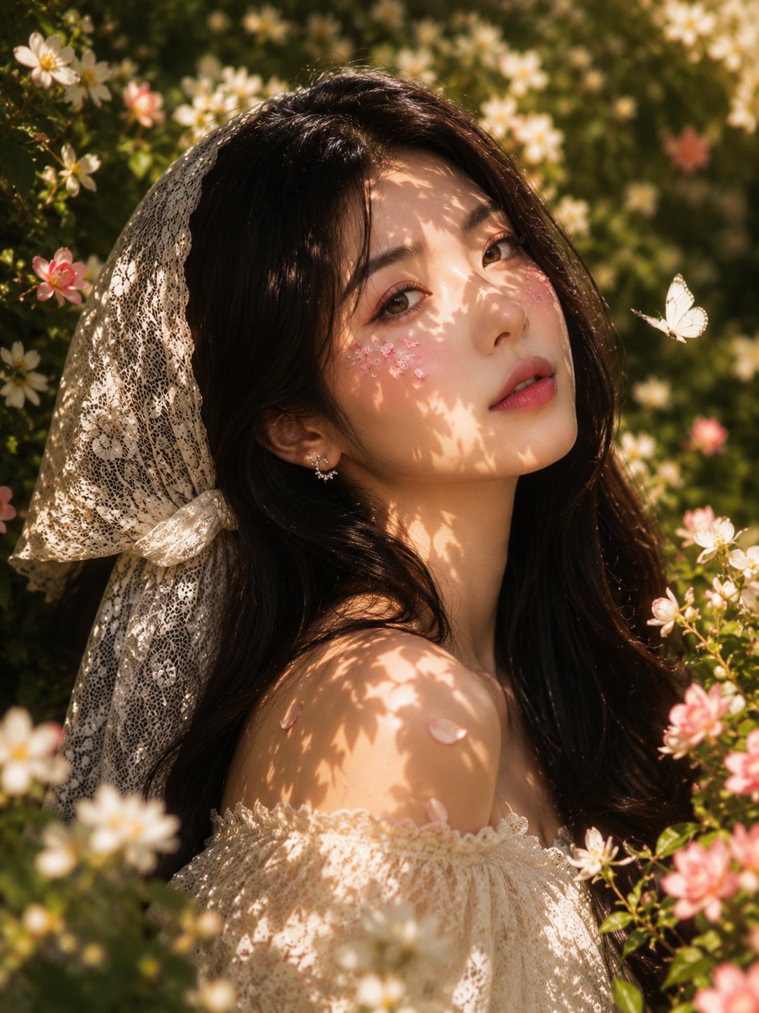 茉莉花丛中的东亚女性蕾丝裙特写 / East Asian Woman Jasmine Portrait Golden Hour,人像与摄影,人像、电影感、人像与摄影,案例输出图 1