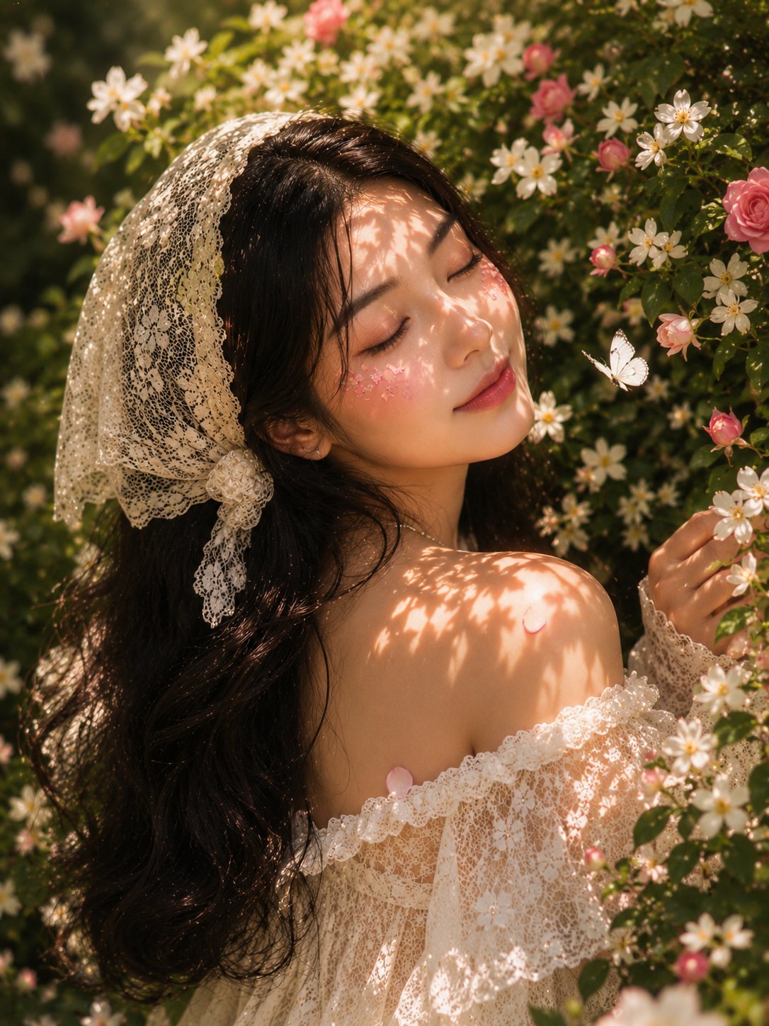 茉莉花丛中的东亚女性蕾丝裙特写 / East Asian Woman Jasmine Portrait Golden Hour，人像与摄影，人像、电影感、人像与摄影，案例输出图 2