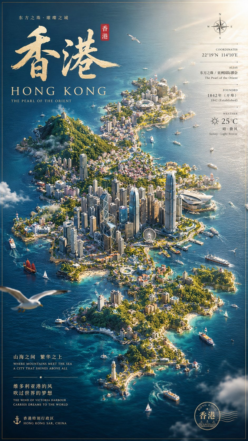 鸟瞰微缩香港城市生态岛屿艺术海报 / Hong Kong Miniature City Island 3d Poster,角色设计,电影感、海报、角色,案例输出图 1