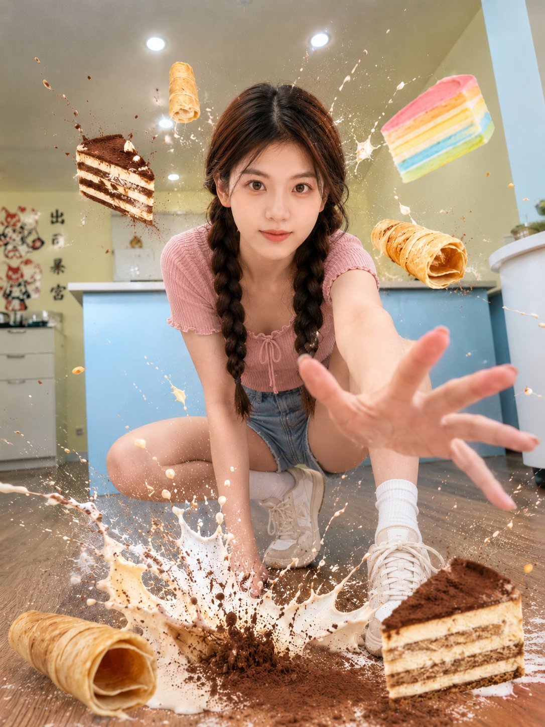 甜点屋悬浮特效动感人像摄影 / Dynamic Dessert Cafe Action Portrait Prompt，角色设计，人像、插画、角色，案例输出图 2