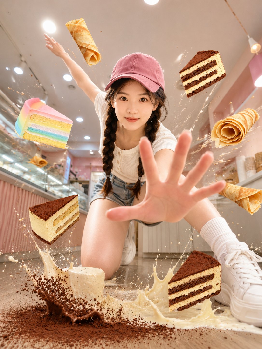 甜点屋悬浮特效动感人像摄影 / Dynamic Dessert Cafe Action Portrait Prompt,角色设计,人像、插画、角色,案例输出图 1