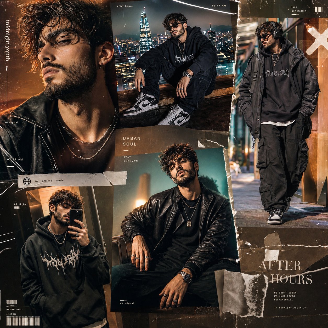 午夜奢华街头男模时尚拼贴海报 / Midnight Luxury Streetwear Fashion Collage，角色设计，霓虹、人像、电影感，案例输出图 1