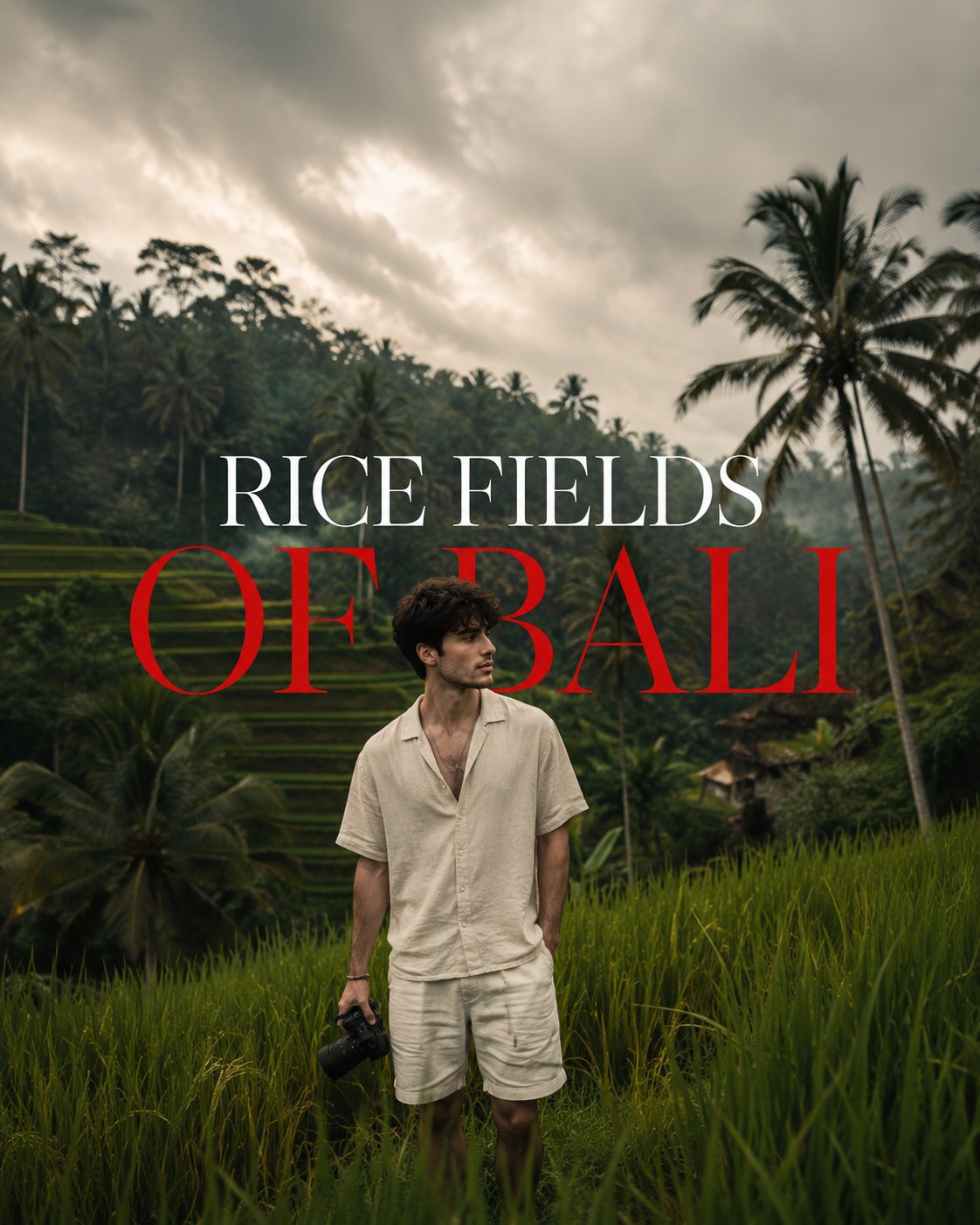 巴厘岛椰林梯田电影感旅行人像 / Cinematic Bali Rice Fields Travel Portrait，角色设计，人像、电影感、海报，案例输出图 1