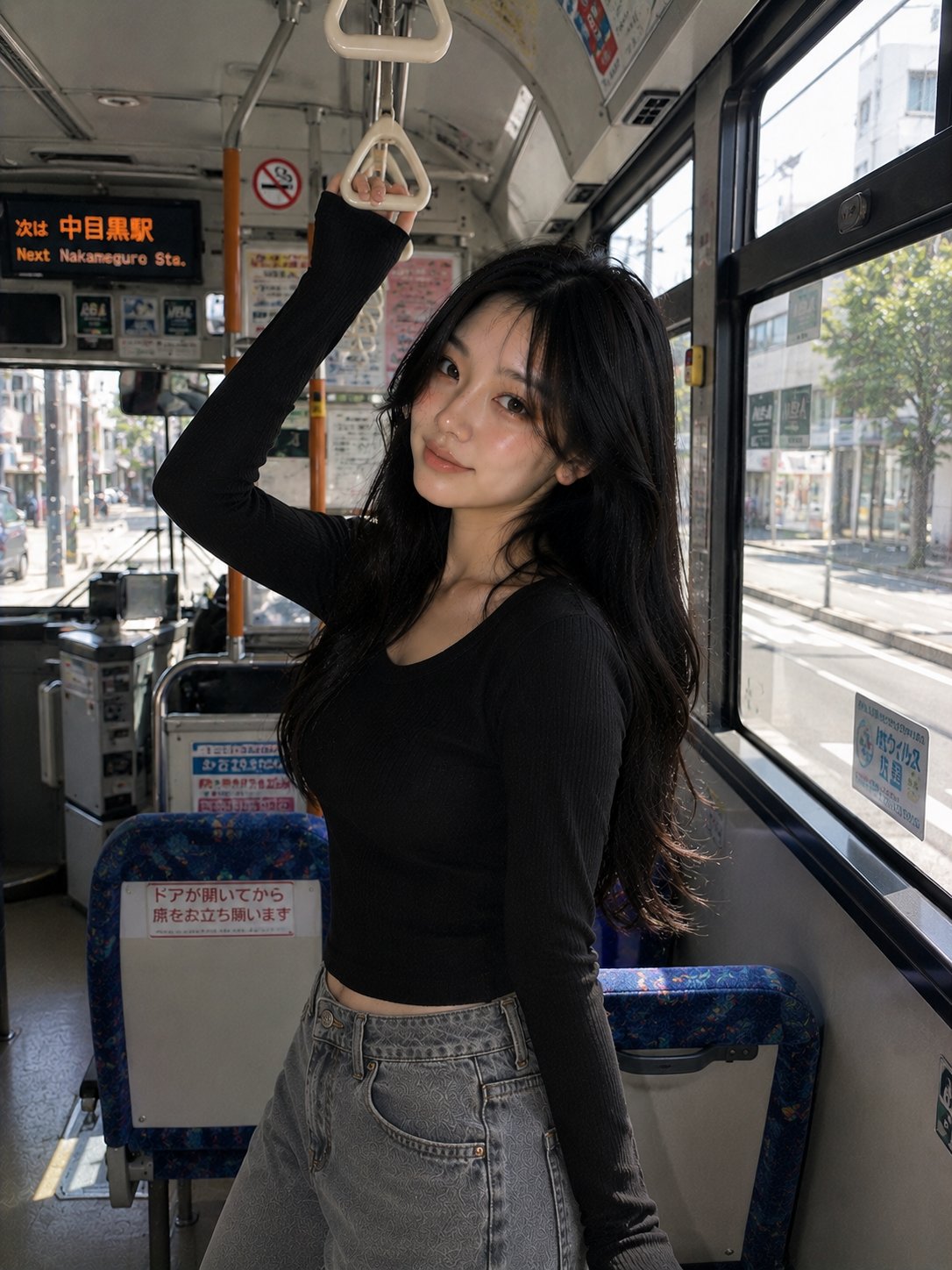 韩国女孩日本公交车写实肖像 / Korean Girl Japanese Bus Realistic Portrait，人像与摄影，人像、电影感、时尚，案例输出图 1