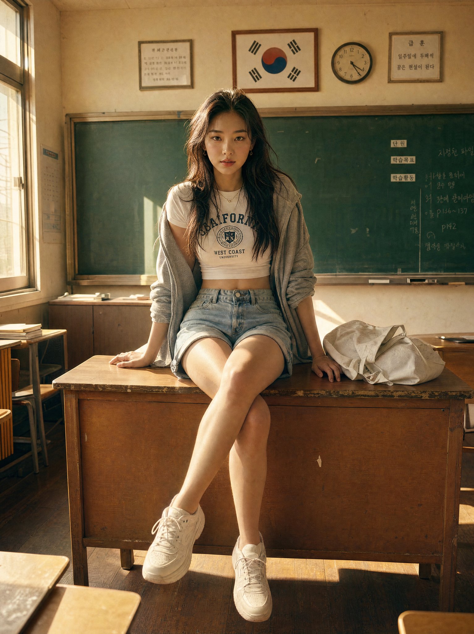 韩国女子教室课桌黄昏胶片人像 / Korean Woman Classroom Desk Golden Hour Portrait，人像与摄影，35mm、人像、电影感，案例输出图 2