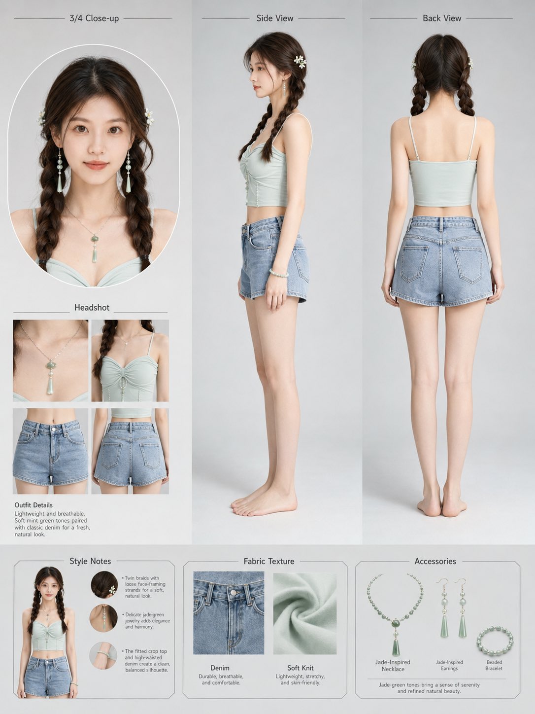 薄荷绿穿搭时尚参考表多角度写实 / Hyper Realistic Fashion Reference Sheet，角色设计，人像、时尚、海报，案例输出图 1