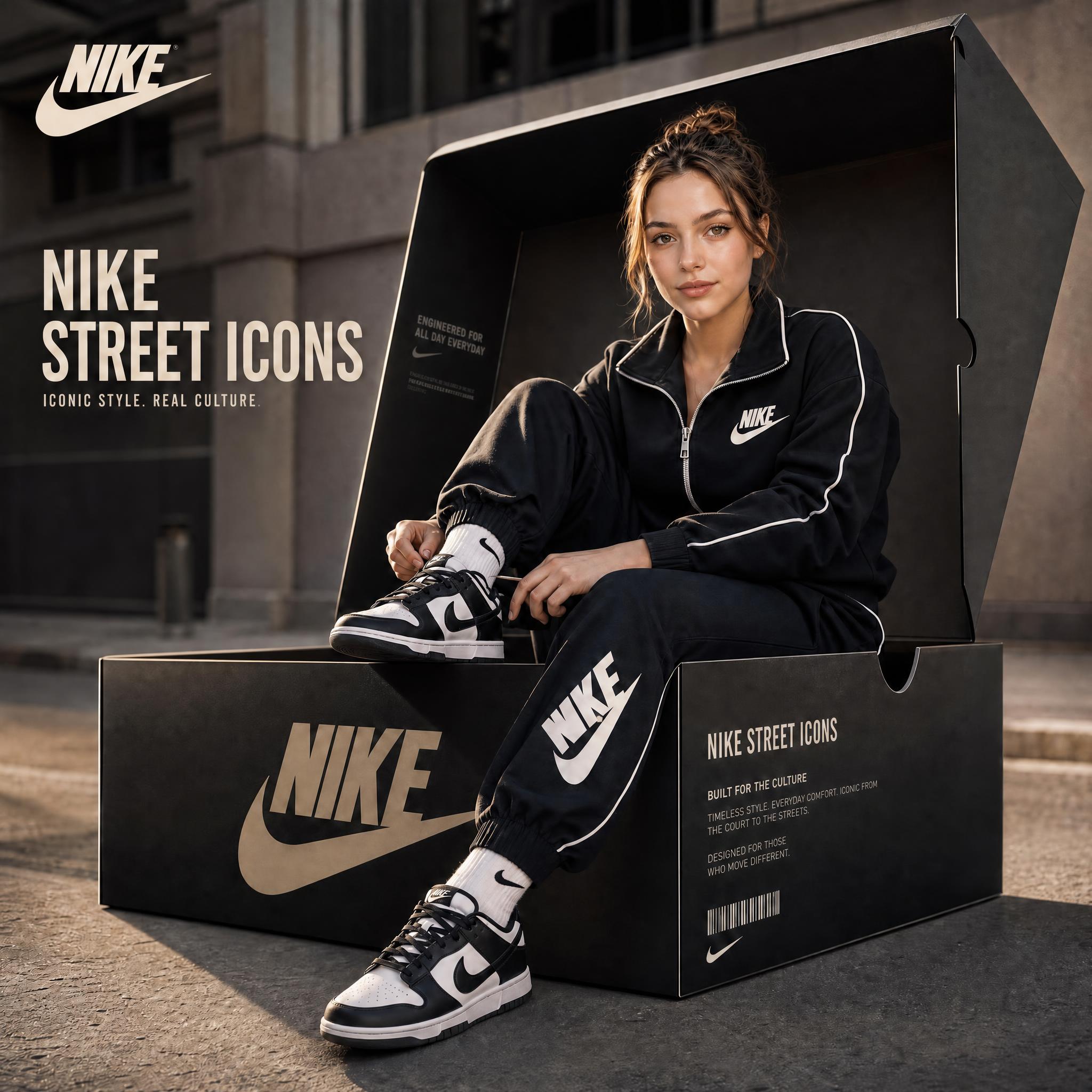 巨型耐克鞋盒街头时尚大片 / Giant Nike Shoebox Streetwear Editorial，人像与摄影，人像、电影感、时尚，案例输出图 1