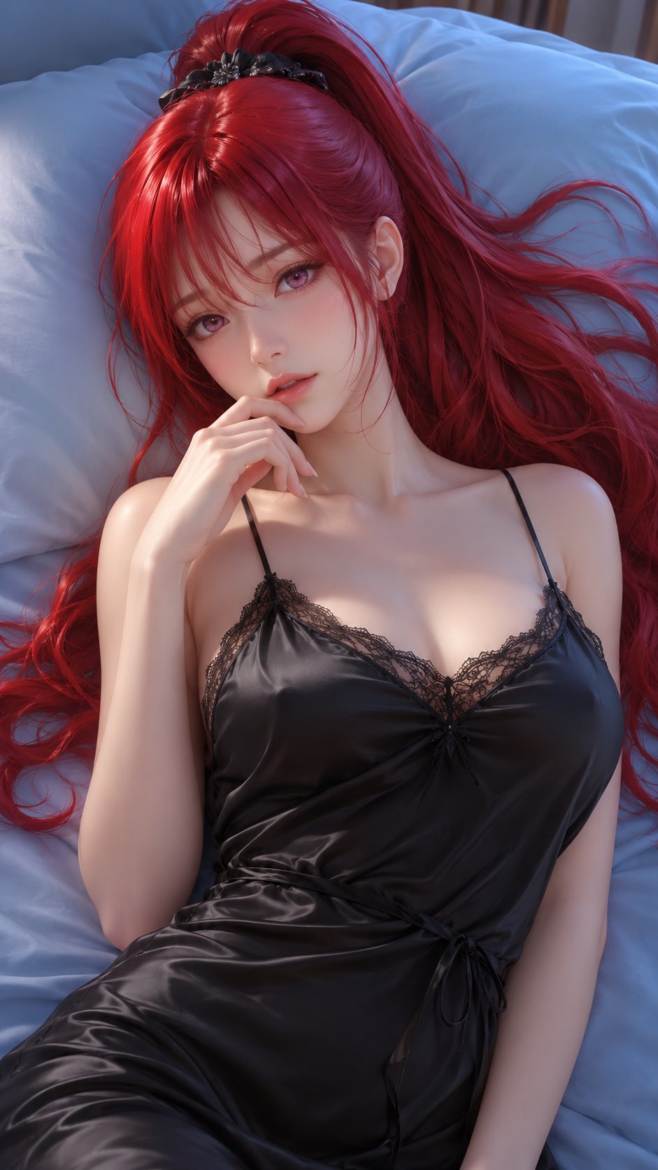 红发女性缎面睡裙卧室3D渲染 / Adult Female Red Hair Satin Nightgown 3d Render，角色设计，人像、时尚、插画，案例输出图 1