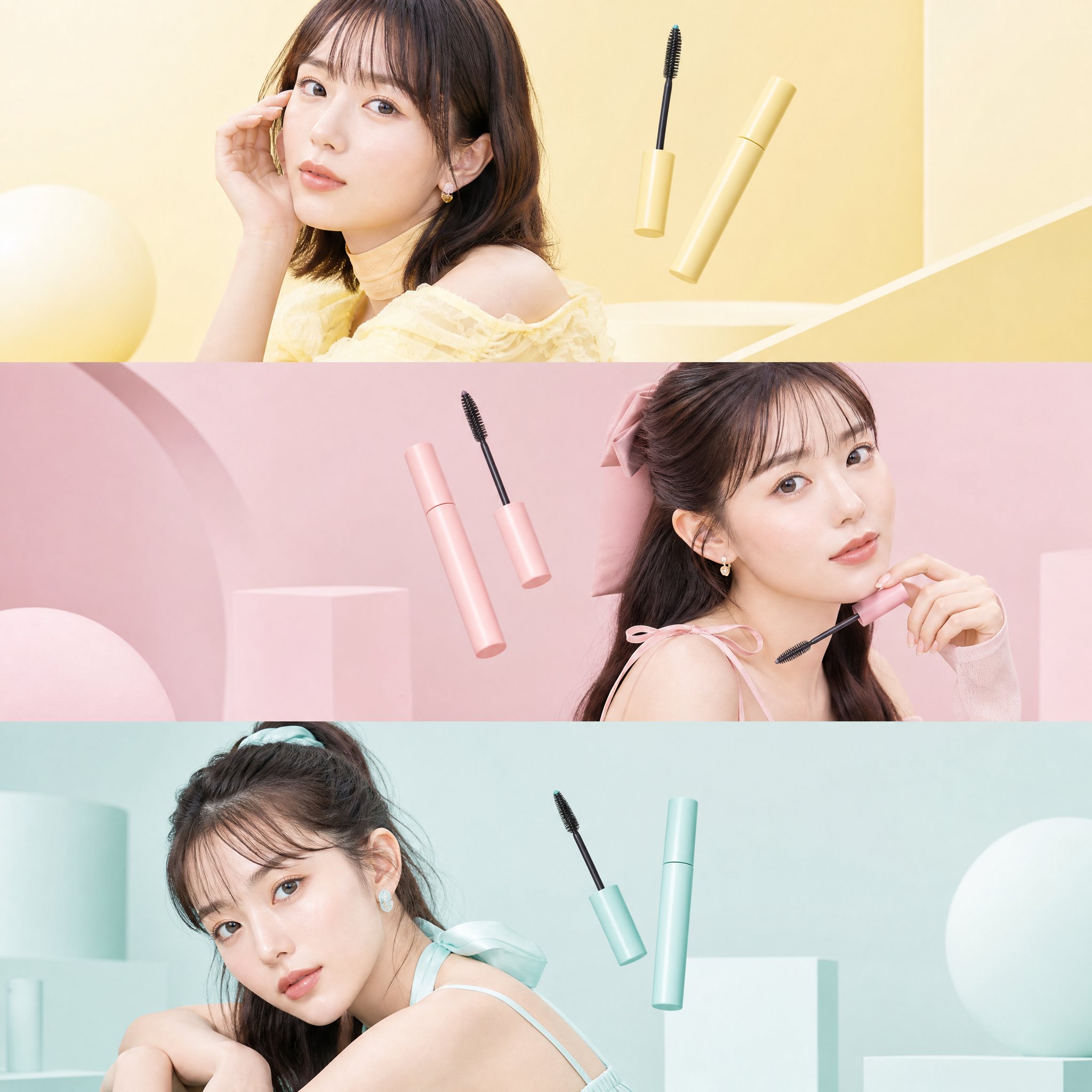 日系高端美妆三色拼贴时尚大片 / Japanese Beauty Editorial Collage Three Women Pastel，UI 与社交媒体截图，人像、电影感、时尚，案例输出图 1