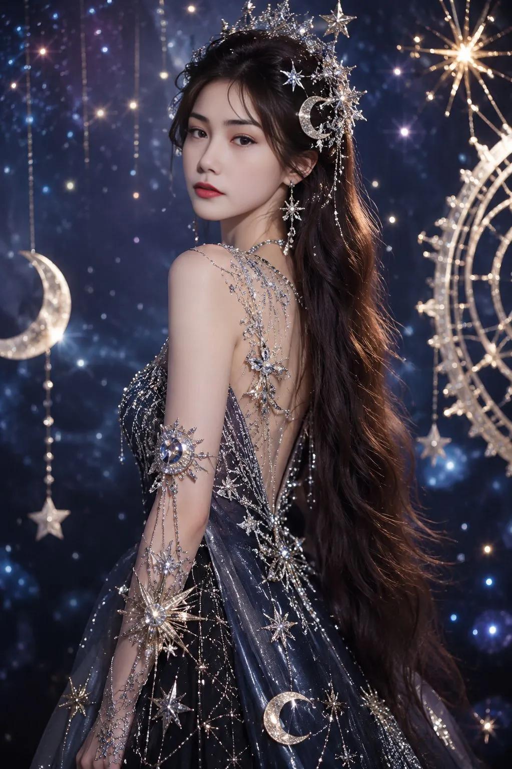 超写实银河礼服亚洲女性肖像 / Asian Woman Celestial Galaxy Gown Fashion Portrait,人像与摄影,人像、电影感、时尚,案例输出图 1