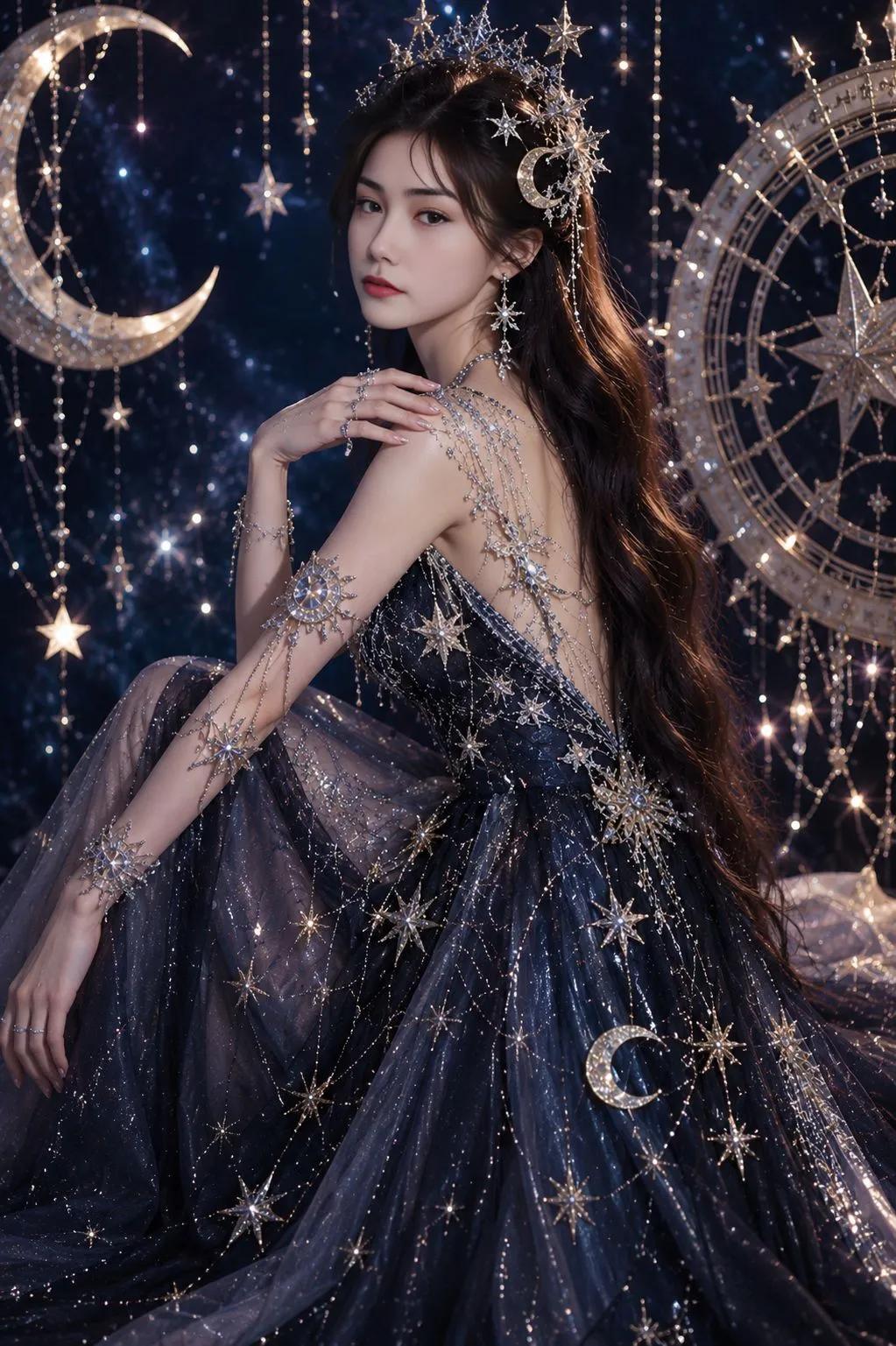 超写实银河礼服亚洲女性肖像 / Asian Woman Celestial Galaxy Gown Fashion Portrait，人像与摄影，人像、电影感、时尚，案例输出图 2