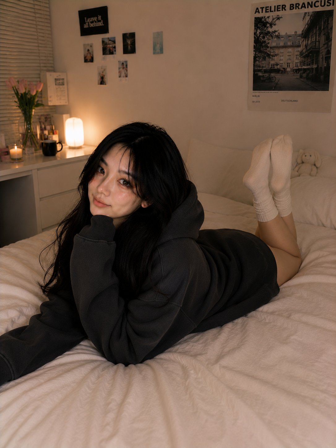 超写实韩国女孩温馨卧室肖像 / Ultra Realistic Cozy Bedroom Korean Girl Portrait，人像与摄影，人像、电影感、时尚，案例输出图 2