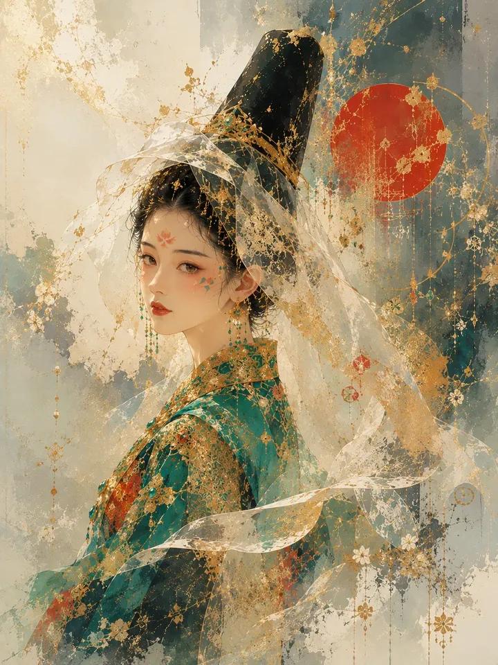超细节空灵东亚公主韩服水彩肖像 / Ethereal East Asian Princess Hanbok Watercolor Fantasy，人像与摄影，人像、电影感、插画，案例输出图 1
