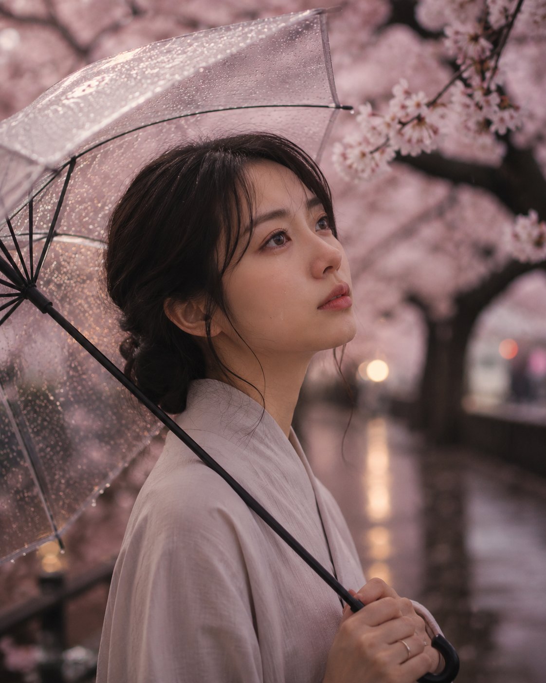 春雨中樱花树下撑伞含泪的日本女子 / Japanese Woman Cherry Blossom Rain Cinematic Portrait,人像与摄影,35mm、人像、电影感,案例输出图 1