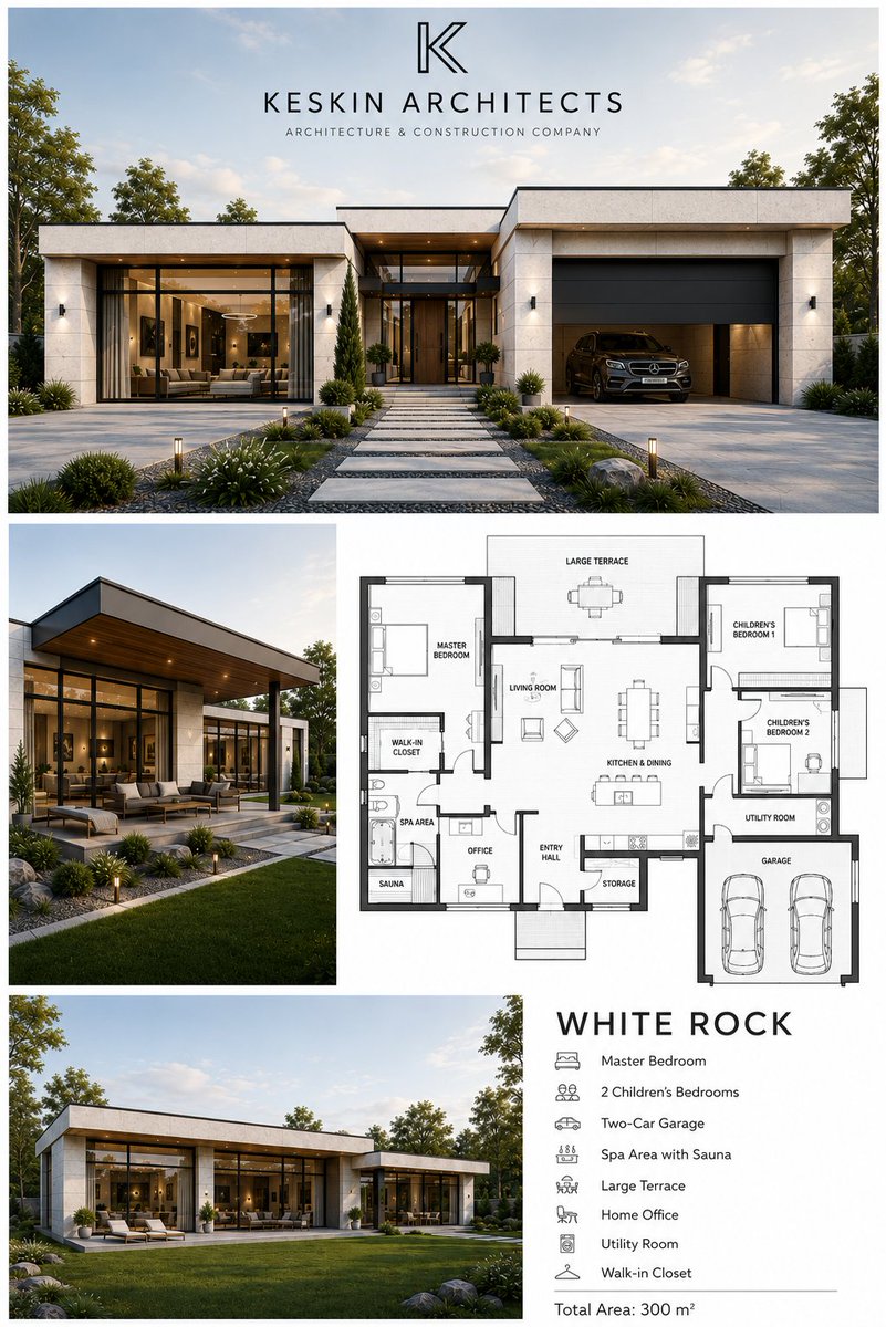现代单层豪宅建筑展示板设计 / Modern Single Story Luxury House Architectural Presentation Board，海报与插画，35mm、时尚、海报，案例输出图 1