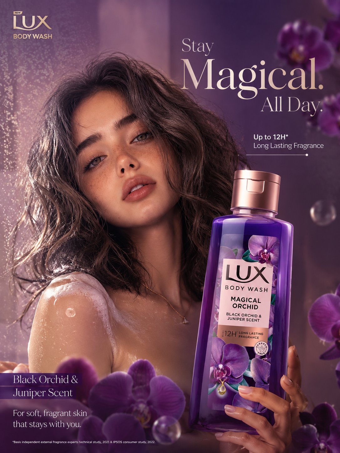 超写实紫兰沐浴露奢华美妆海报 / Ultra Luxury Purple Orchid Body Wash Ad，人像与摄影，人像、电影感、海报，案例输出图 1