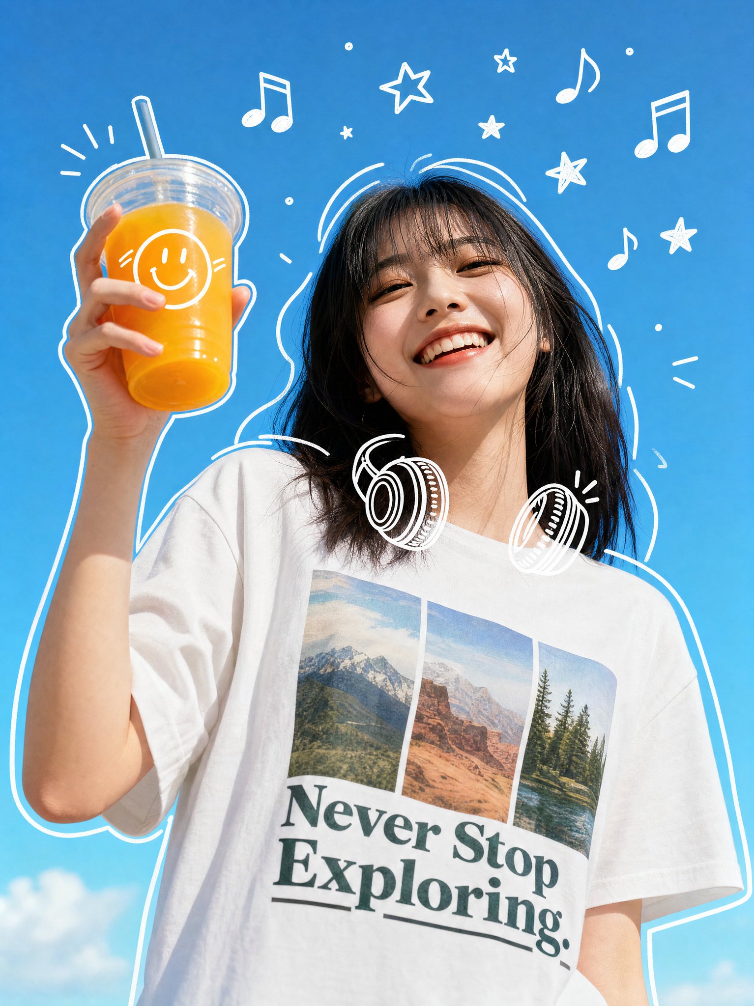 快乐少女涂鸦果汁插画 / Joyful Woman Doodles Orange Juice，海报与插画，海报、插画、海报与插画，案例输出图 1