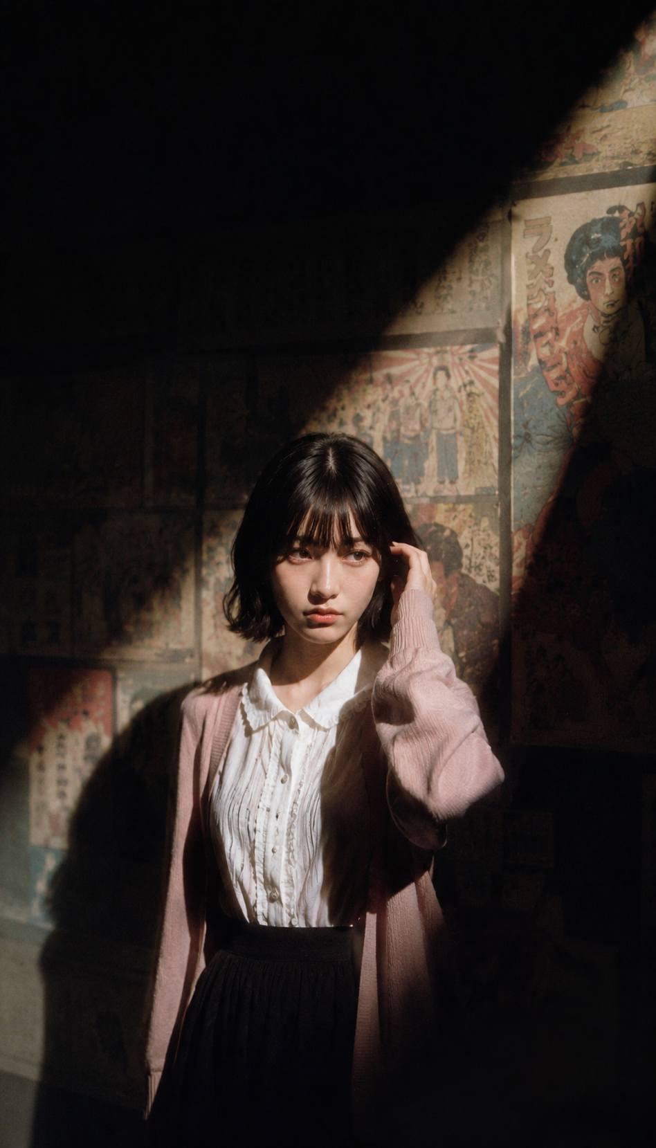黑暗展厅复古电影感人物肖像 / Cinematic Dark Exhibition Portrait，角色设计，35mm、霓虹、人像，案例输出图 2