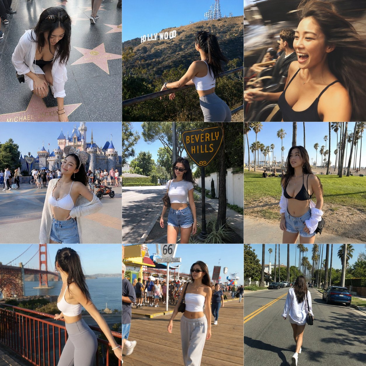 加州地标九宫格网红生活实拍 / California Landmarks Instagram Grid Model Prompt，人像与摄影，人像、城市视觉、排版，案例输出图 1