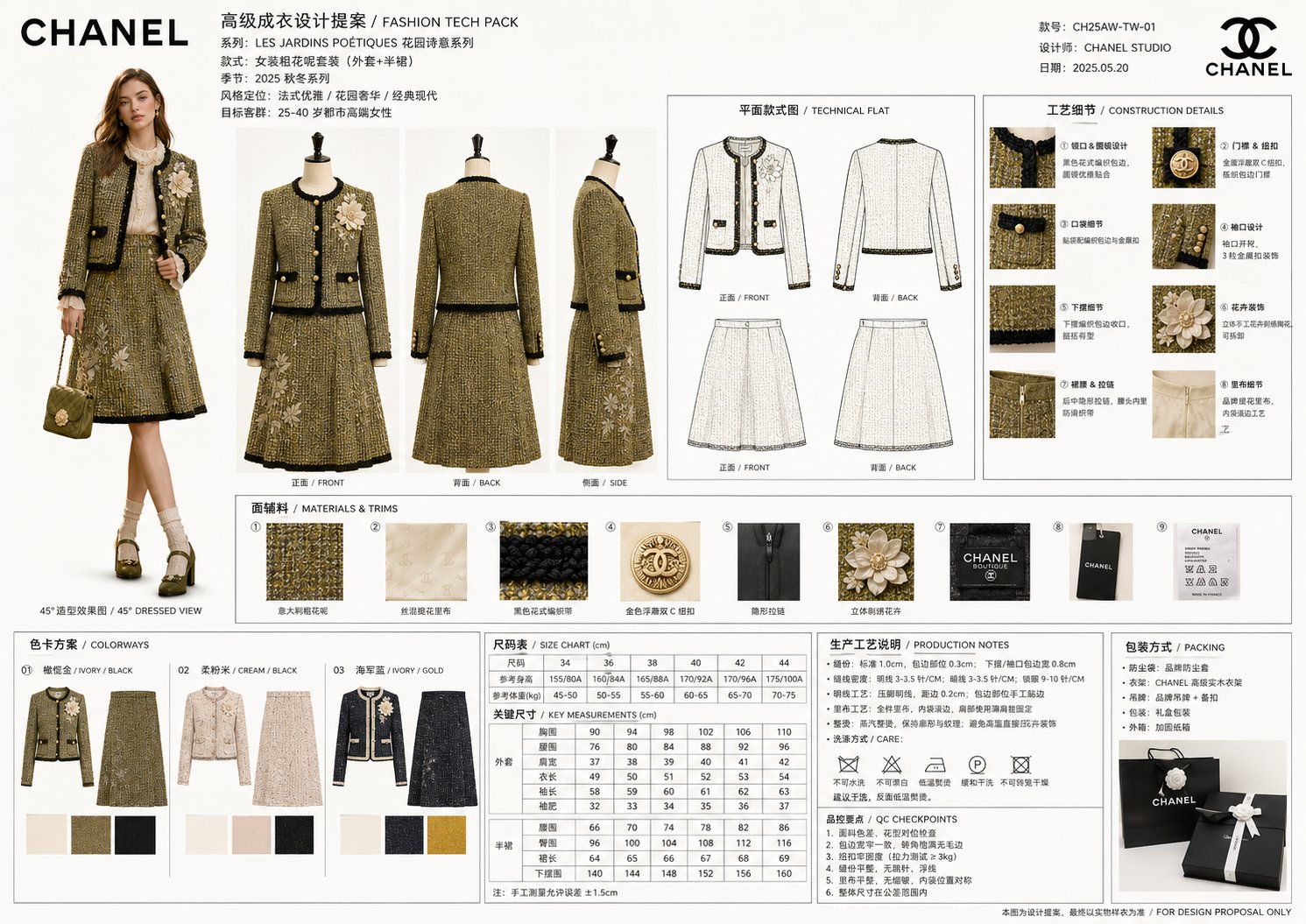 香奈儿风格高级服装工业设计提案板 / Chanel Style Fashion Tech Pack Design，人像与摄影，人像、时尚、海报，案例输出图 1