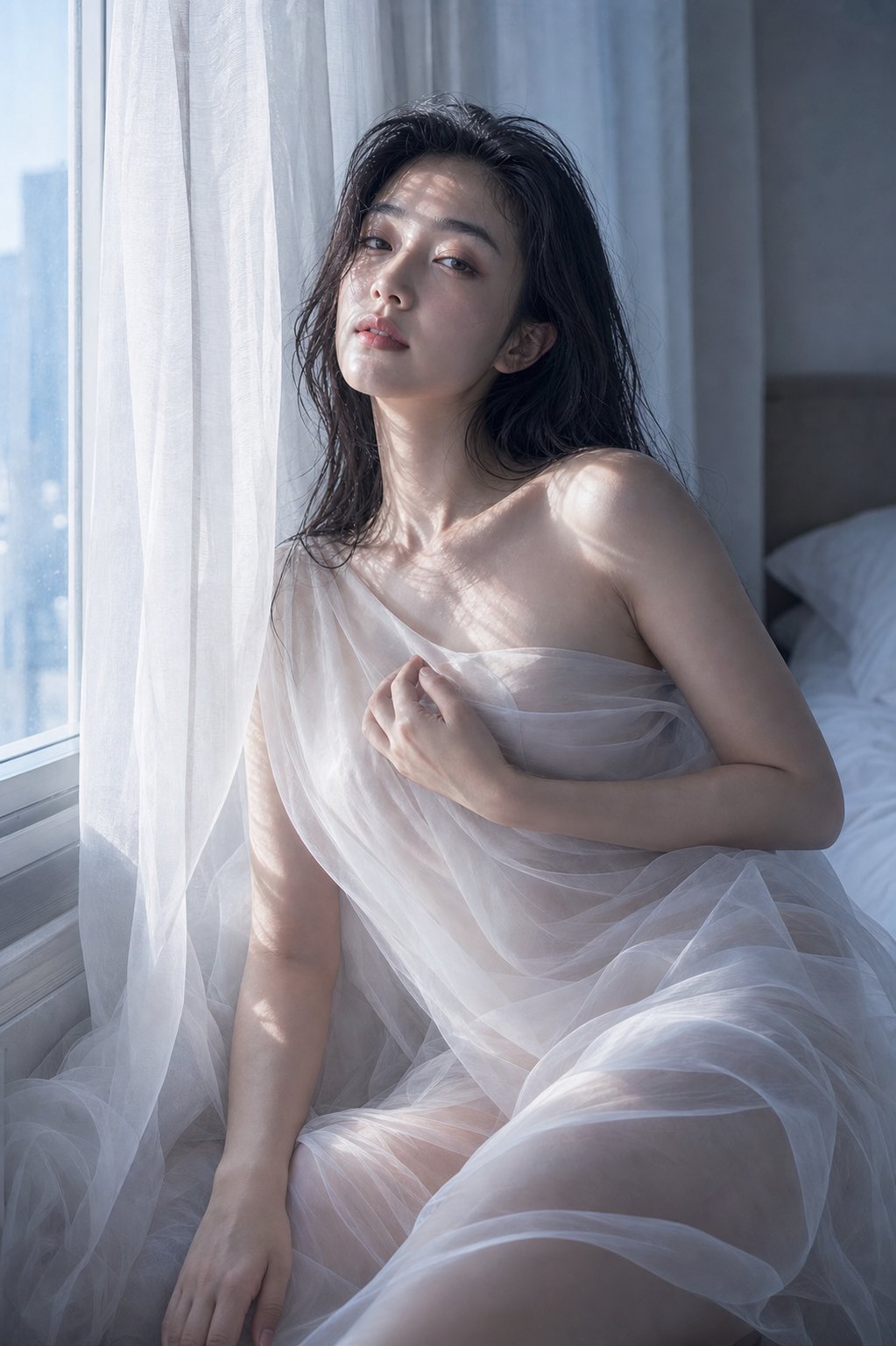 晨光薄纱清冷高级写实人像 / Morning Chiffon Editorial Portrait，角色设计，人像、电影感、时尚，案例输出图 1