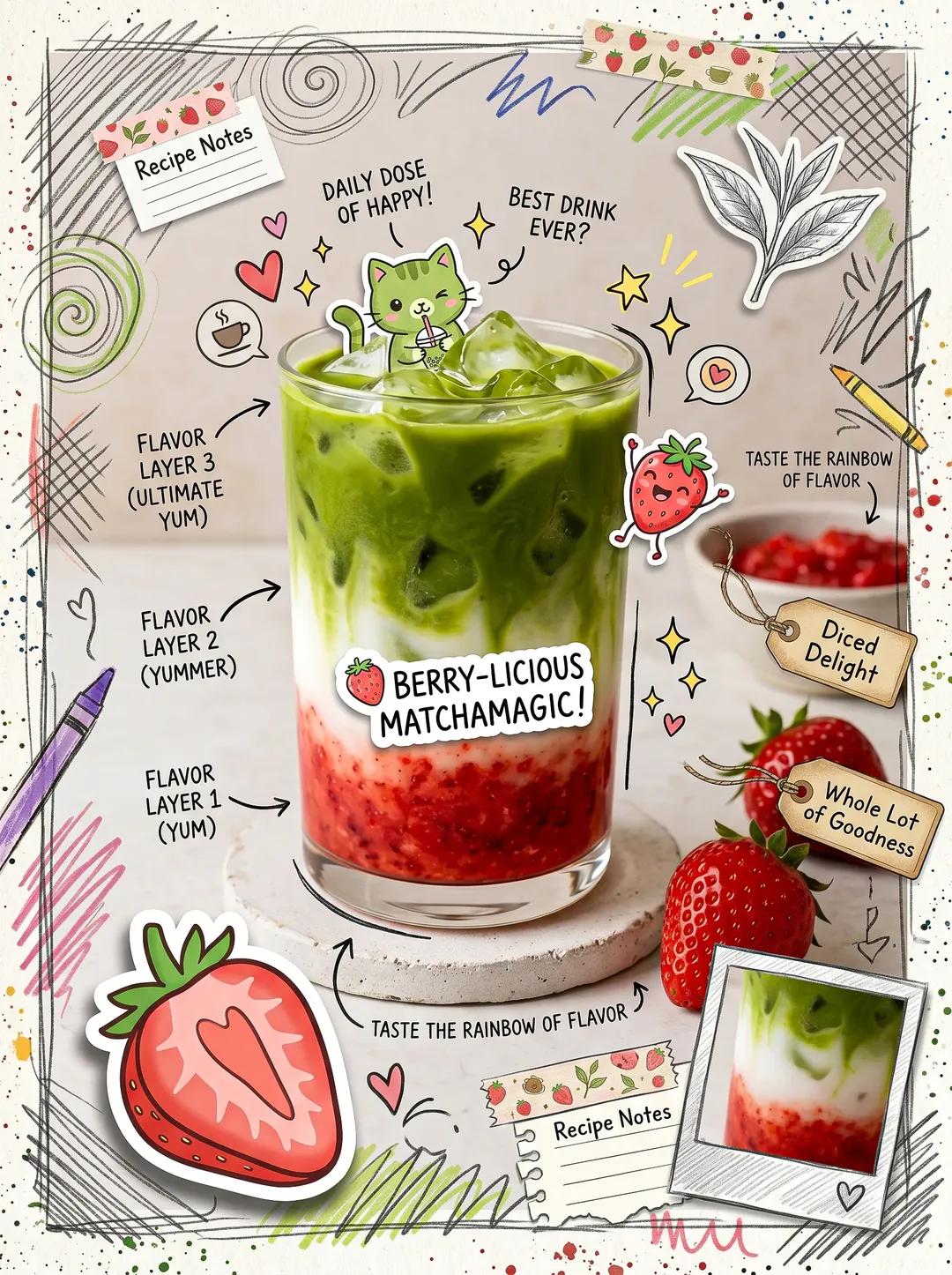 可爱抹茶拿铁手账风海报 / Cute Matcha Latte Scrapbook Poster，人像与摄影，人像、海报、插画，案例输出图 1
