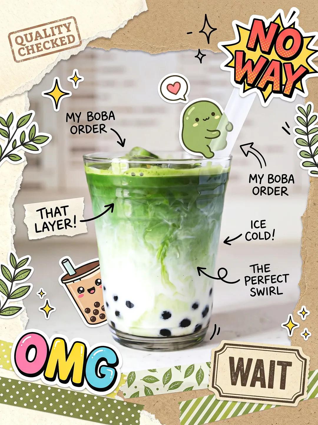 可爱抹茶拿铁手账风海报 / Cute Matcha Latte Scrapbook Poster，人像与摄影，人像、海报、插画，案例输出图 2