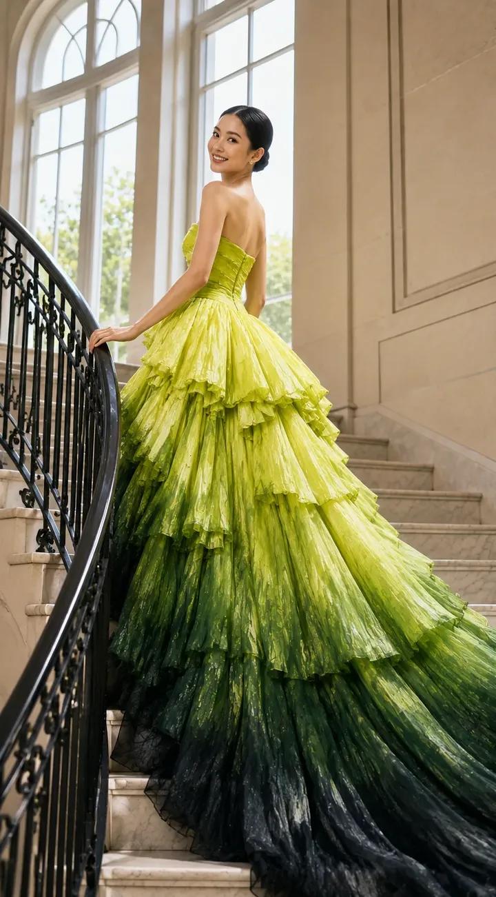 楼梯上的渐变礼服时尚大片 / Elegant Staircase Gradient Ballgown Fashion Editorial，人像与摄影，人像、时尚、信息图，案例输出图 2