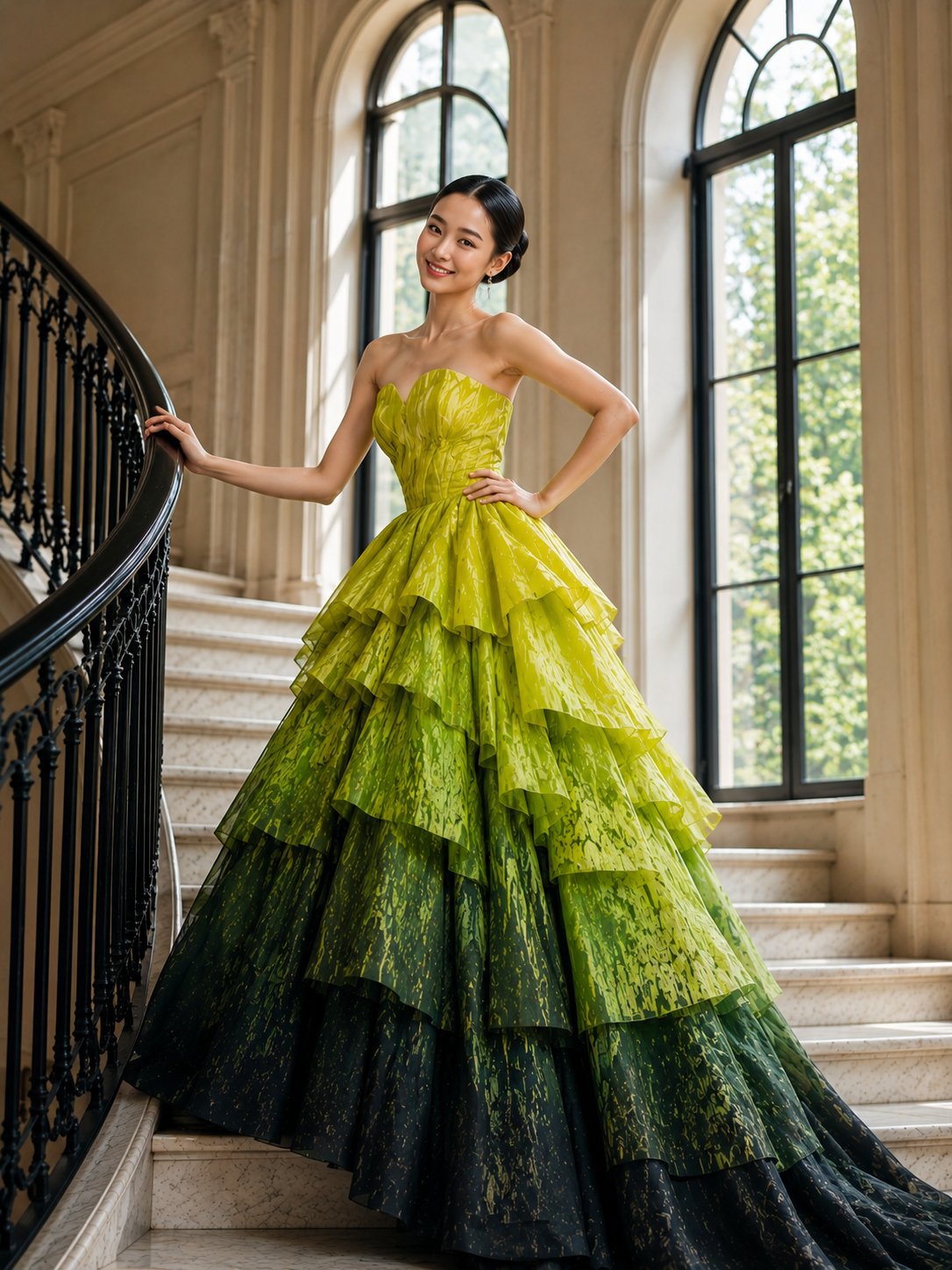 楼梯上的渐变礼服时尚大片 / Elegant Staircase Gradient Ballgown Fashion Editorial,人像与摄影,人像、时尚、信息图,案例输出图 1