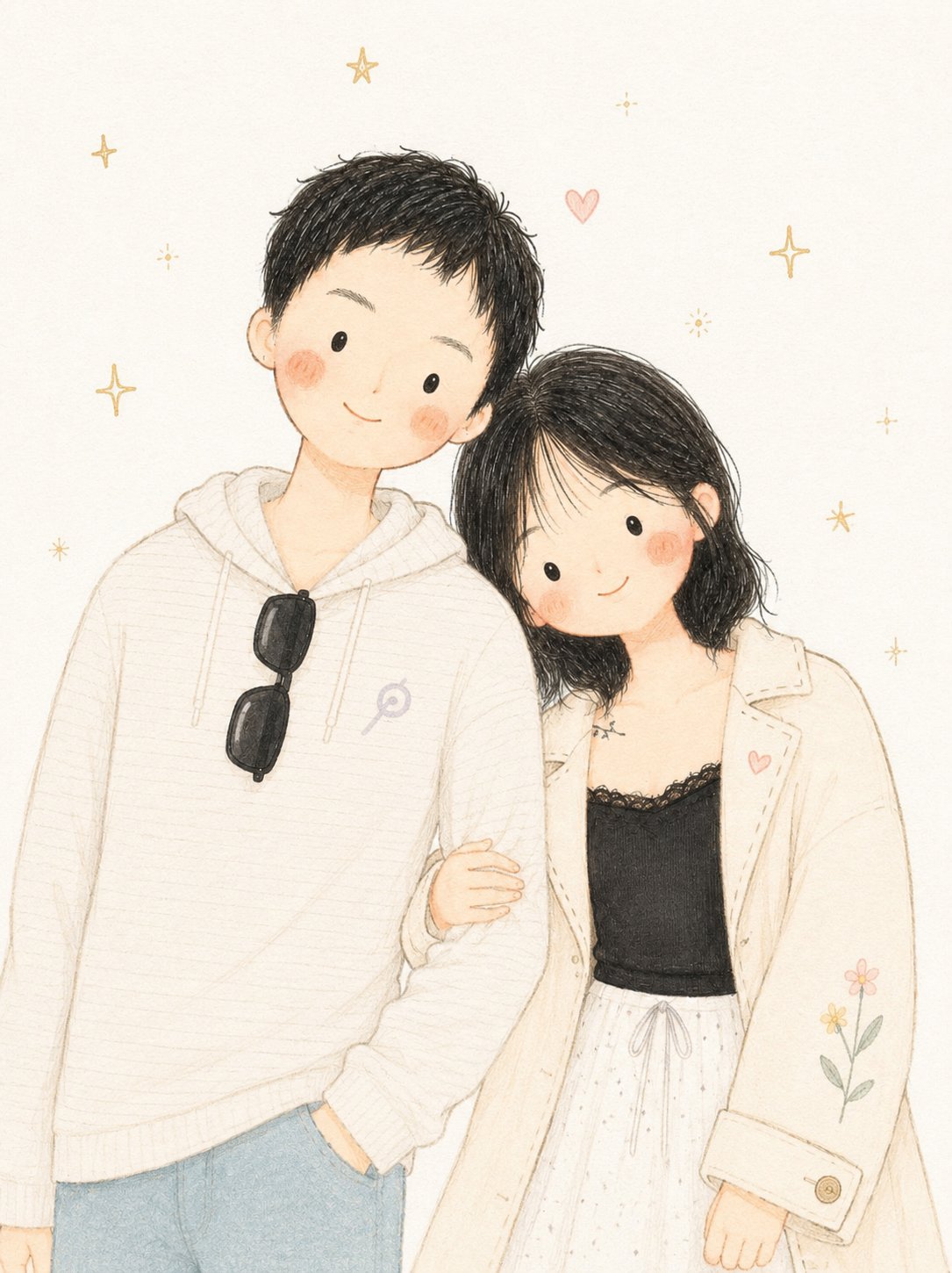 可爱极简动漫情侣水彩画 / Cute Minimalist Anime Couple Watercolor，角色设计，人像、插画、角色，案例输出图 1