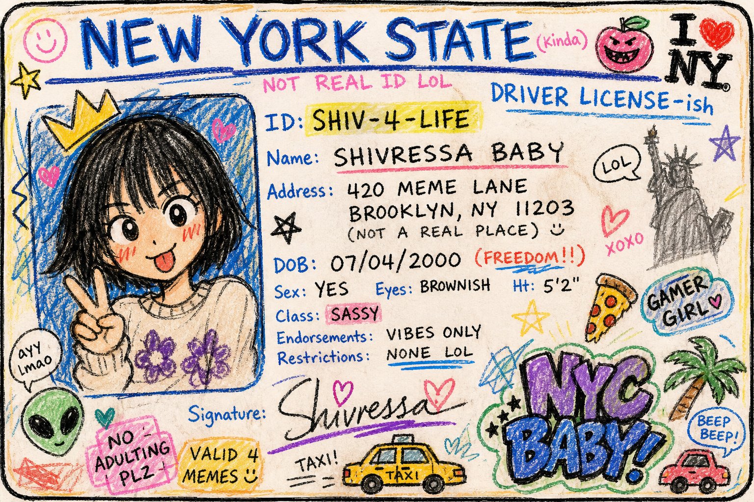 蜡笔涂鸦风格纽约假证件 / Fake New York Id Crayon Doodle Style，人像与摄影，人像、人像与摄影，案例输出图 2