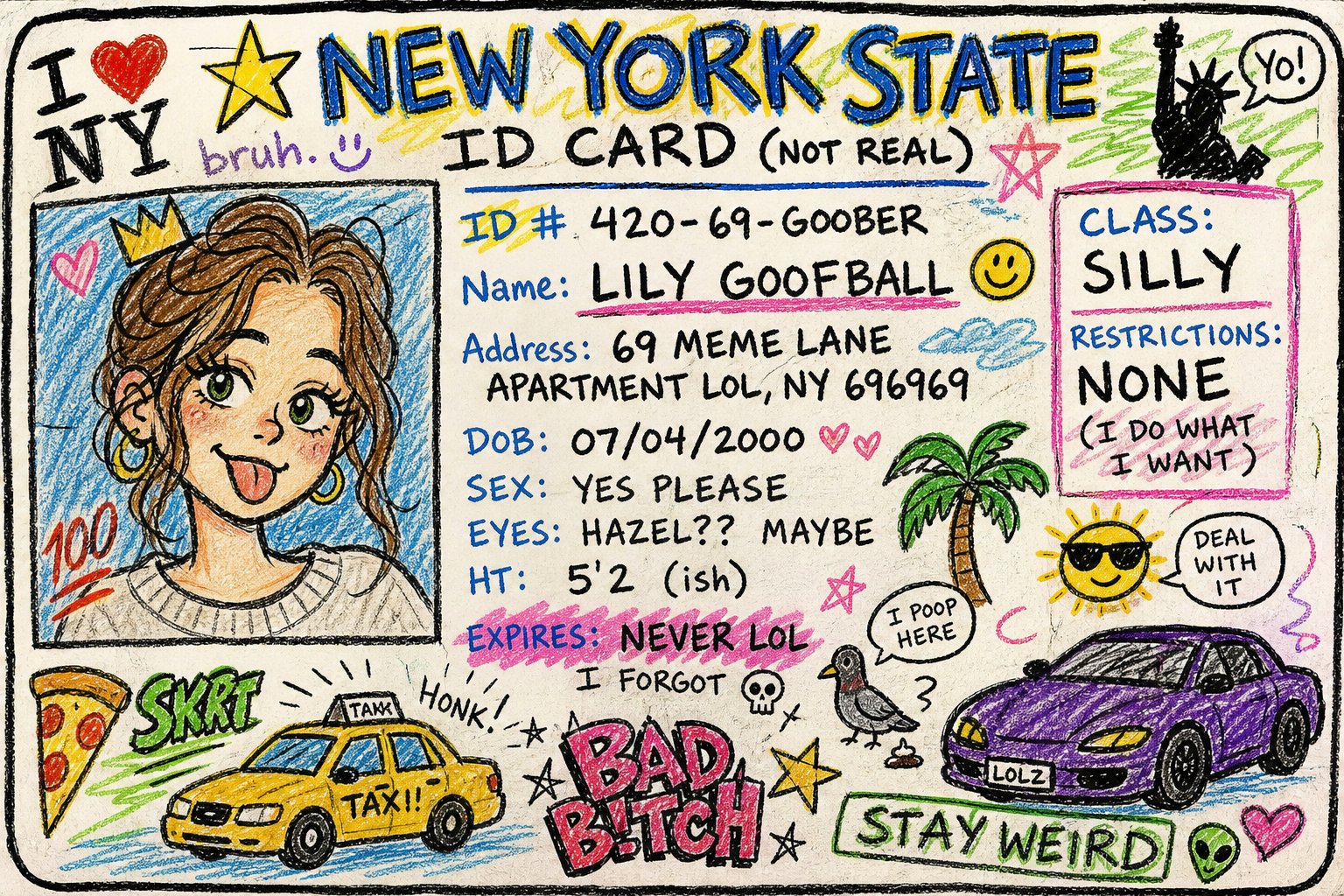 蜡笔涂鸦风格纽约假证件 / Fake New York Id Crayon Doodle Style，人像与摄影，人像、人像与摄影，案例输出图 1