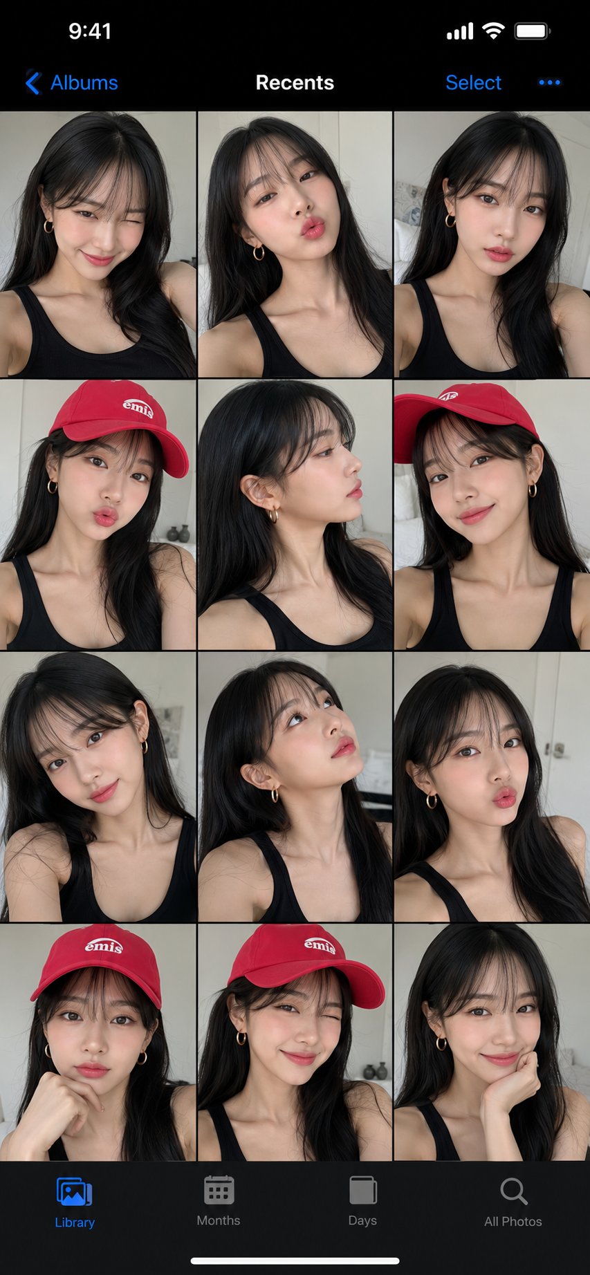 手机相册中的亚裔美女自拍拼贴 / Ultra Realistic Asian Woman Selfie Collage Smartphone Gallery，UI 与社交媒体截图，人像、电影感、时尚，案例输出图 1
