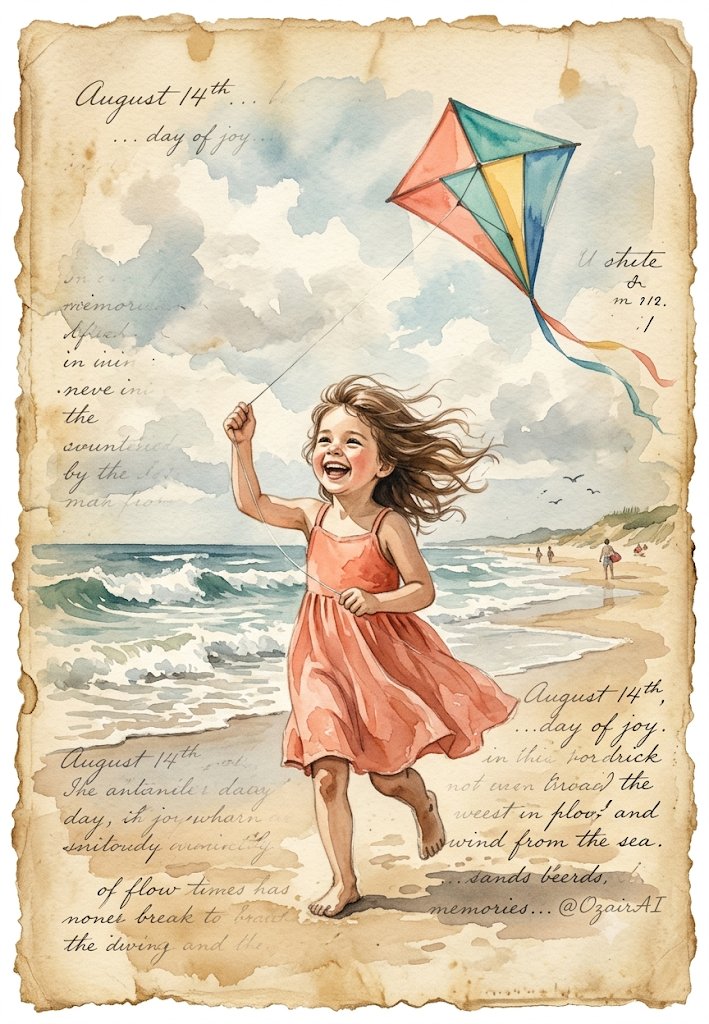 海滩放风筝的小女孩复古水彩画 / Little Girl Flying Kite Vintage Watercolor，人像与摄影，人像、电影感、插画，案例输出图 1