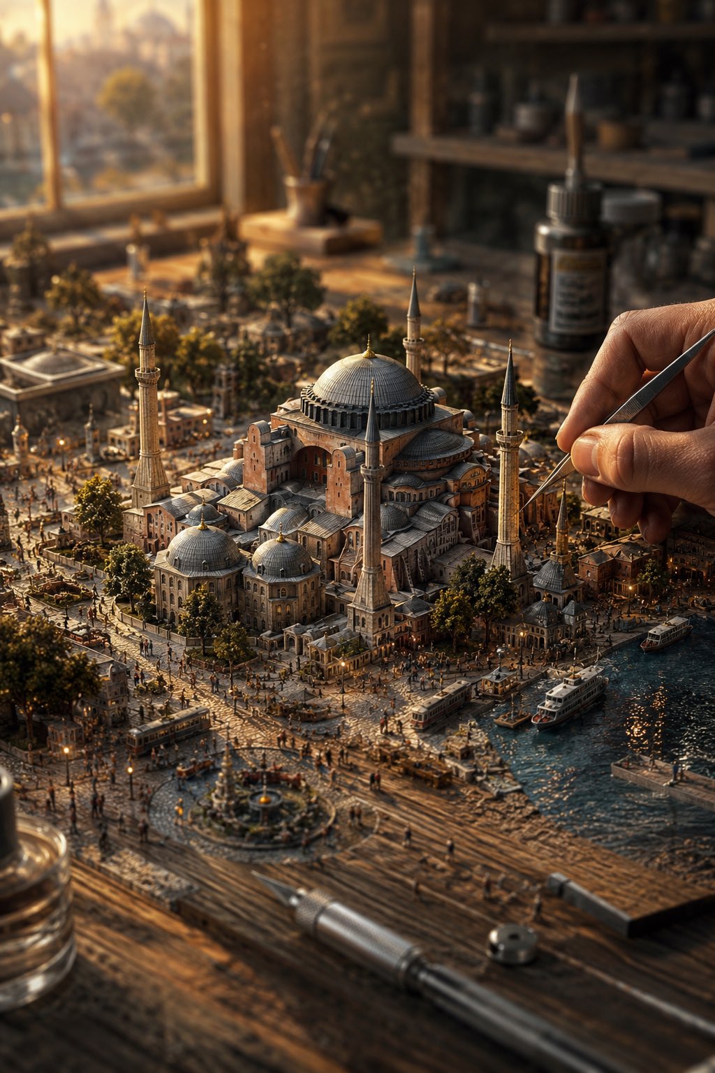 木桌上的埃菲尔铁塔微缩场景 / Eiffel Tower Miniature Diorama,人像与摄影,人像、电影感、城市视觉,案例输出图 1