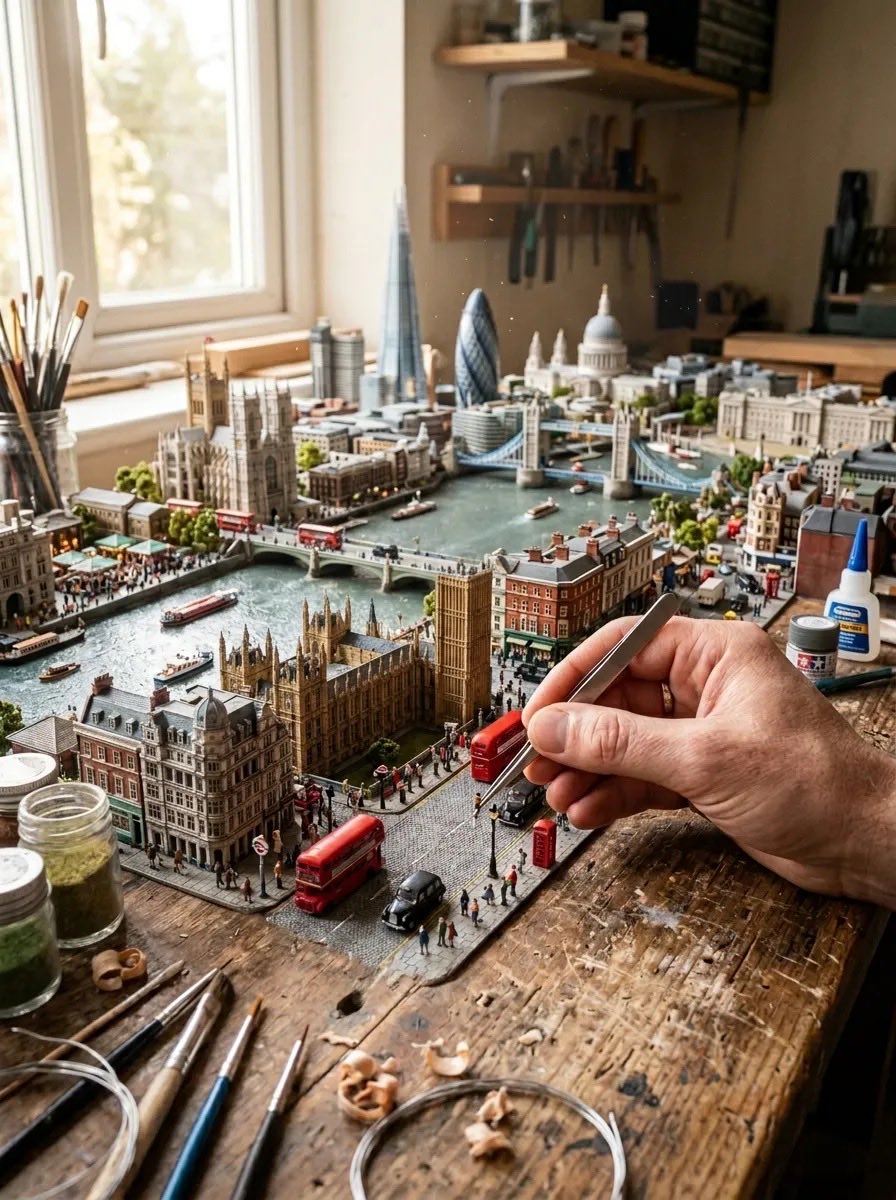 木桌上的埃菲尔铁塔微缩场景 / Eiffel Tower Miniature Diorama，人像与摄影，人像、电影感、城市视觉，案例输出图 2