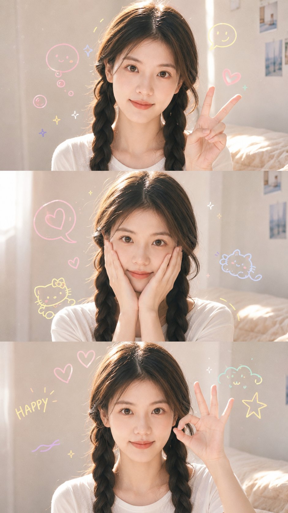 温暖午后三连拍少女写真 / Sunlit Three Panel Selfie Collage，角色设计，35mm、人像、角色，案例输出图 1