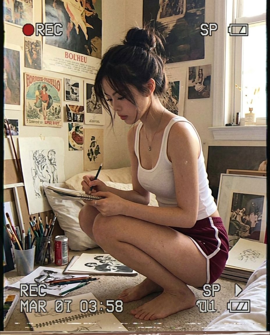 90年代复古手持摄像机室内艺术写生 / 90s Camcorder Art Studio Aesthetic，人像与摄影，35mm、人像、电影感，案例输出图 1
