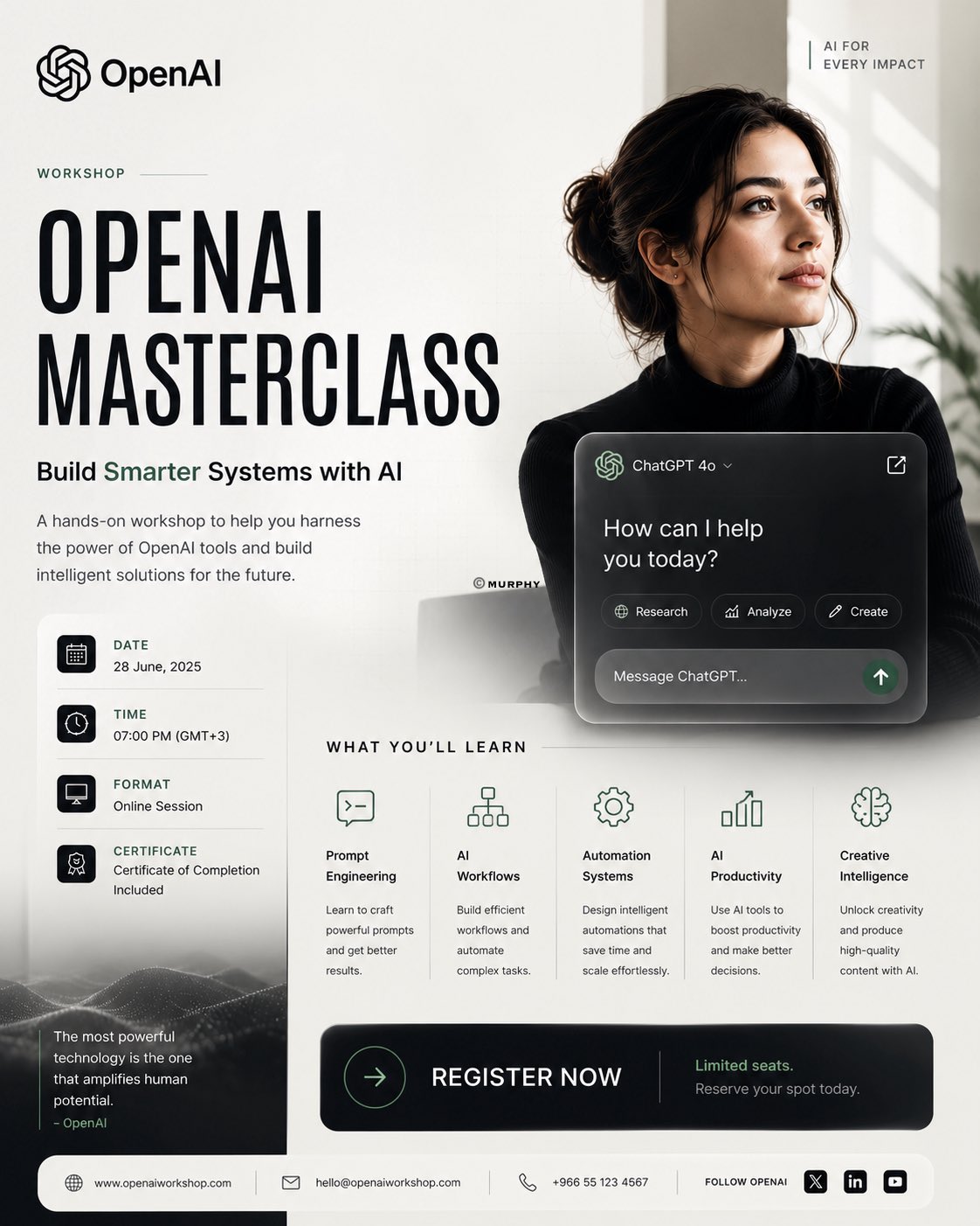 OpenAI工作坊高端海报设计指南 / Openai Workshop Premium Poster Design Prompt，UI 与社交媒体截图，霓虹、人像、电影感，案例输出图 2