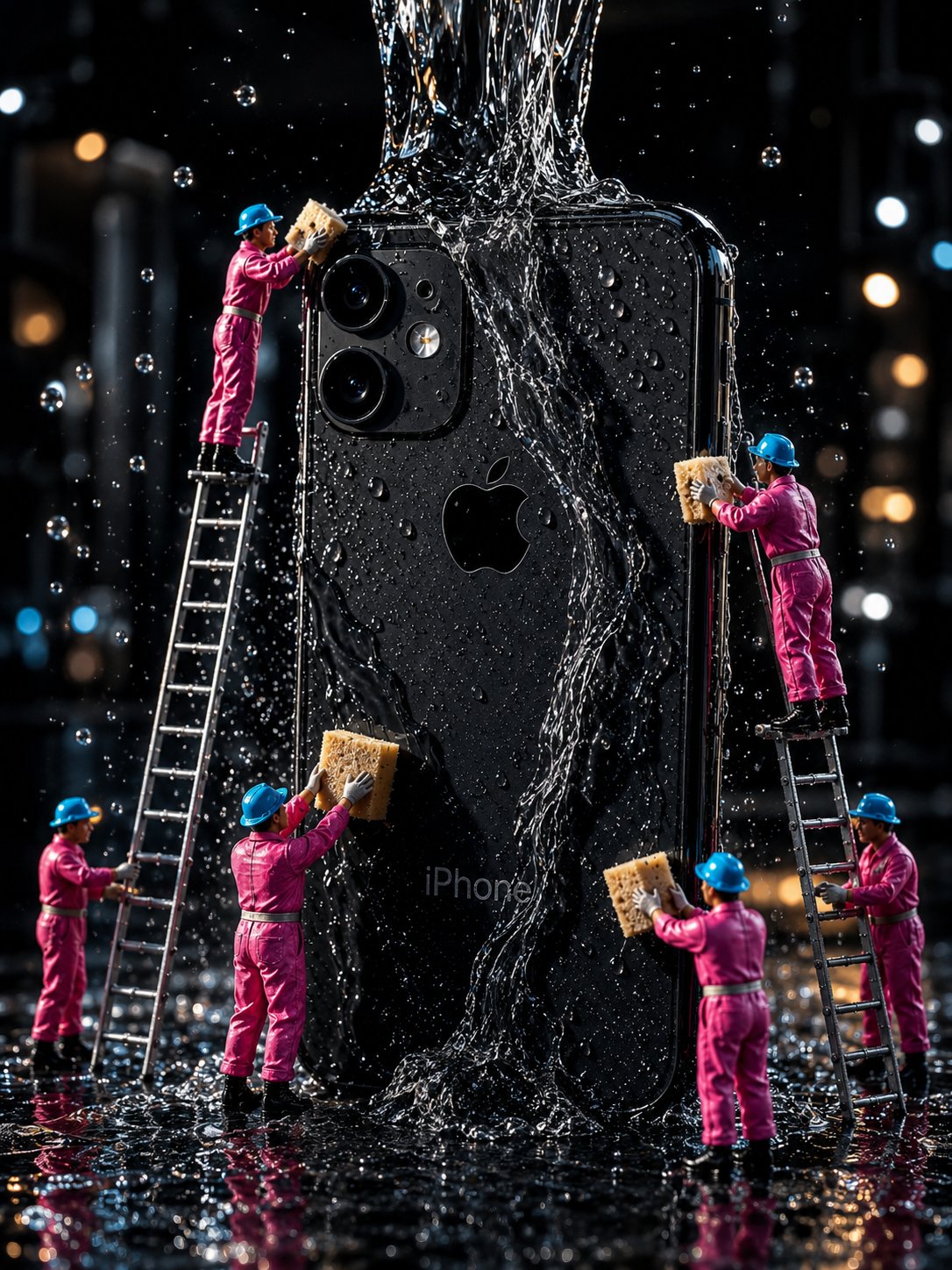 黑色iPhone微缩工人清洁场景 / Miniature Workers Cleaning Iphone,角色设计,电影感、角色、排版,案例输出图 1