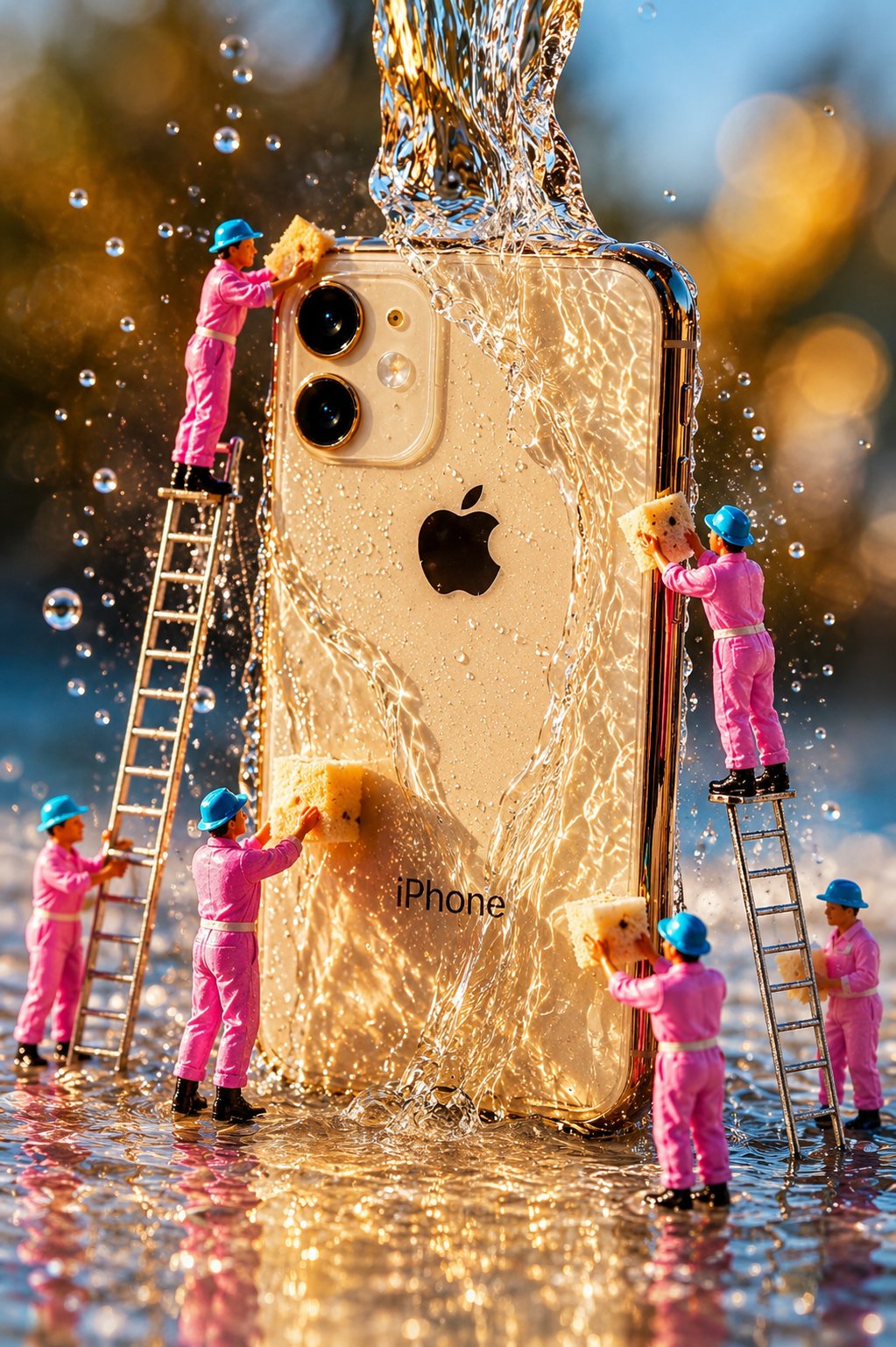 黑色iPhone微缩工人清洁场景 / Miniature Workers Cleaning Iphone，角色设计，电影感、角色、排版，案例输出图 2
