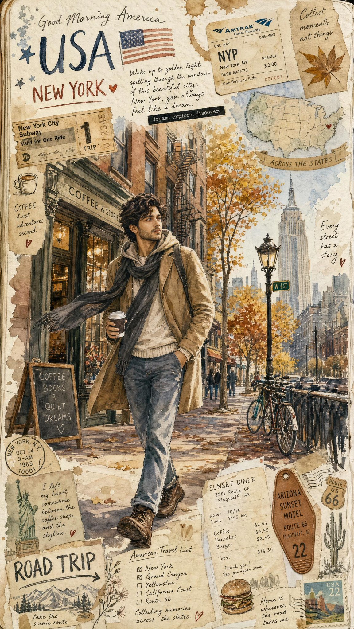 梦幻美国旅行手账手绘插画 / Dreamy Usa Travel Journal Illustration，角色设计，霓虹、电影感、时尚，案例输出图 1
