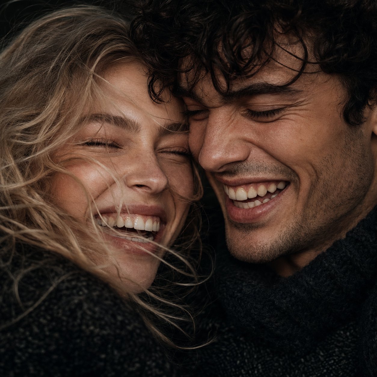 超写实情侣欢笑特写提示词 / Hyper Realistic Laughing Couple Portrait Prompt,人像与摄影,35mm、人像、电影感,案例输出图 1