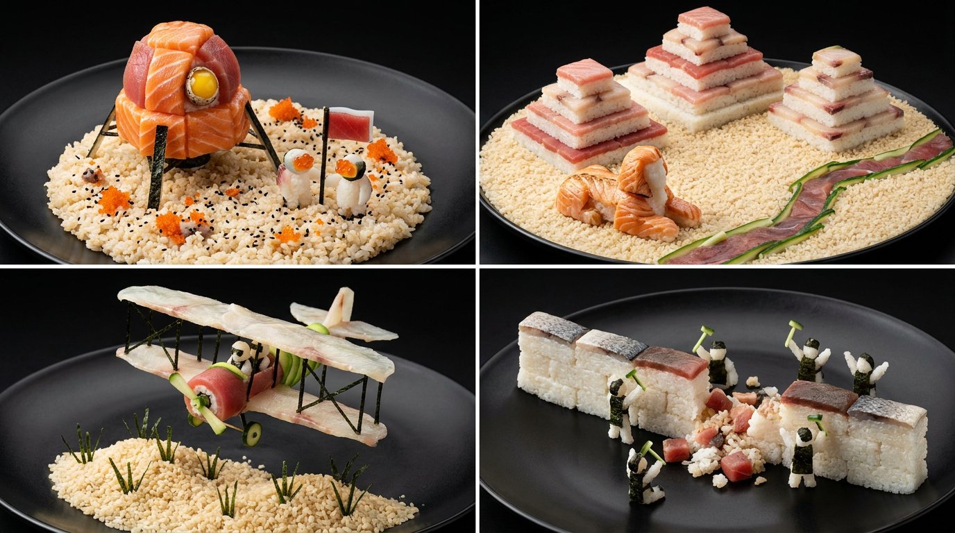 寿司材质重构历史事件四宫格 / Sushi Historical Events Grid Prompt，人像与摄影，人像、城市视觉、产品图，案例输出图 1