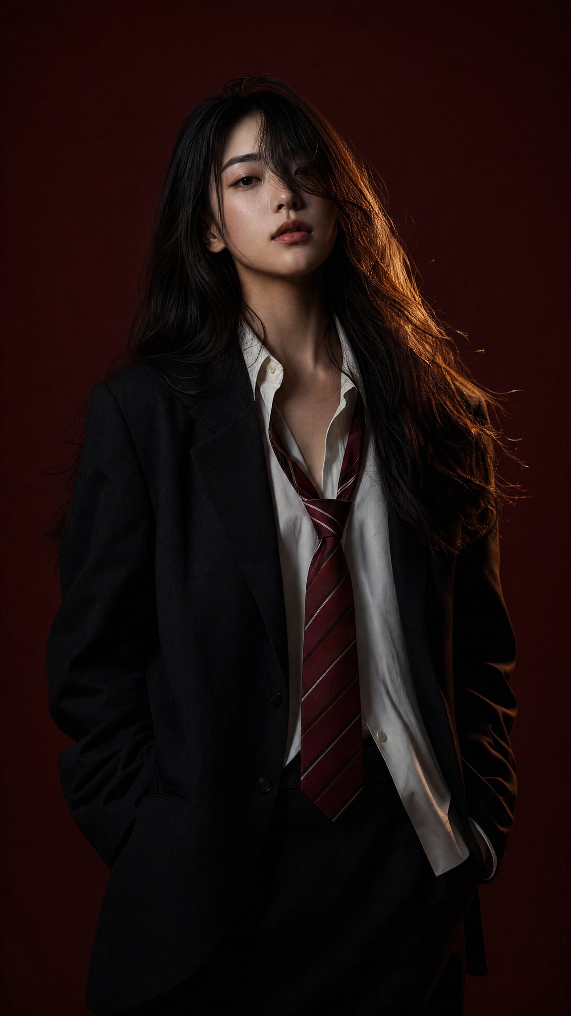 红色光影东亚时尚人像 / East Asian Fashion Portrait Red Lighting，人像与摄影，35mm、人像、电影感，案例输出图 1