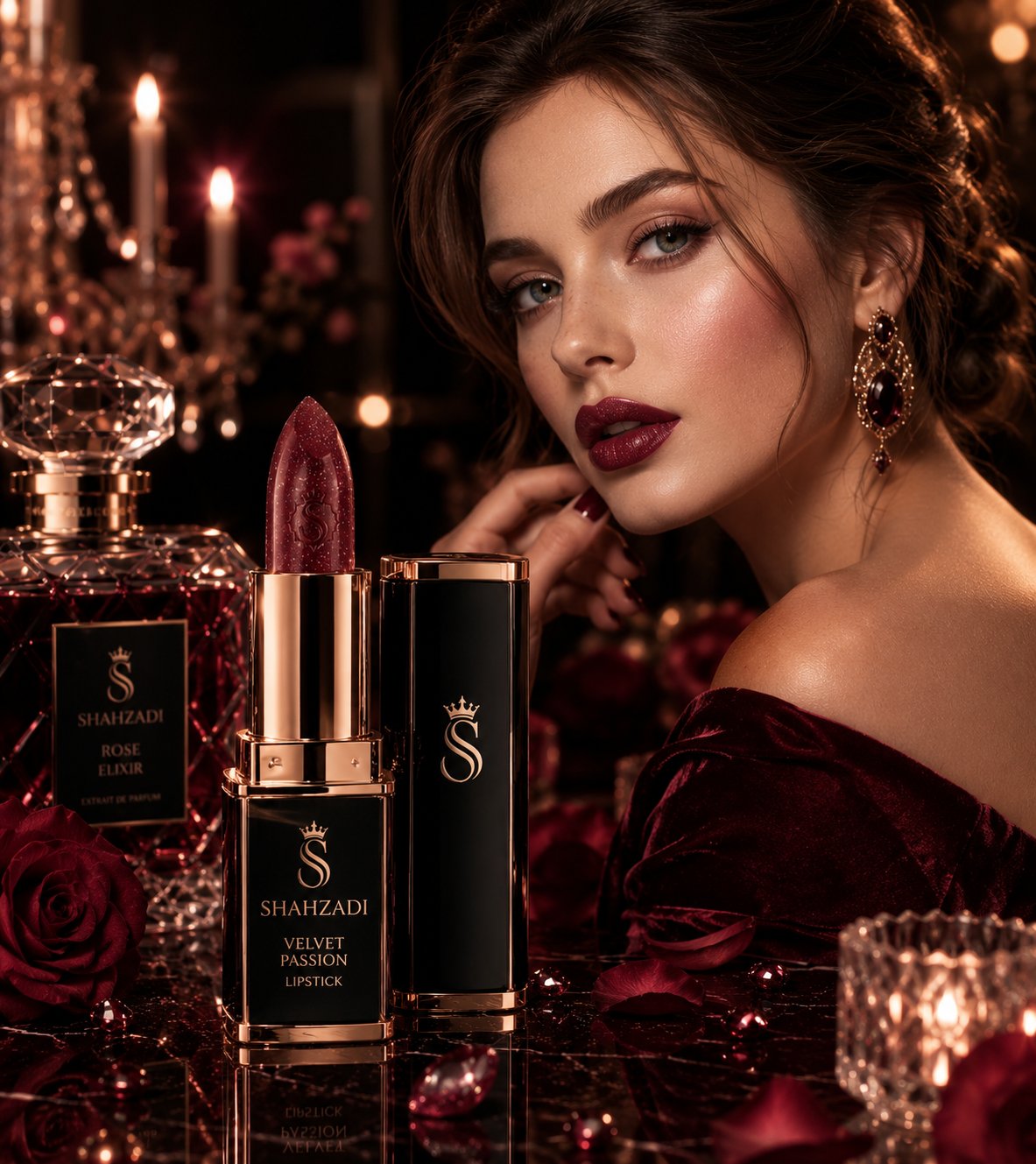 奢华电影感美妆广告提示词 / Luxury Beauty Advertisement Prompt，人像与摄影，人像、电影感、时尚，案例输出图 1